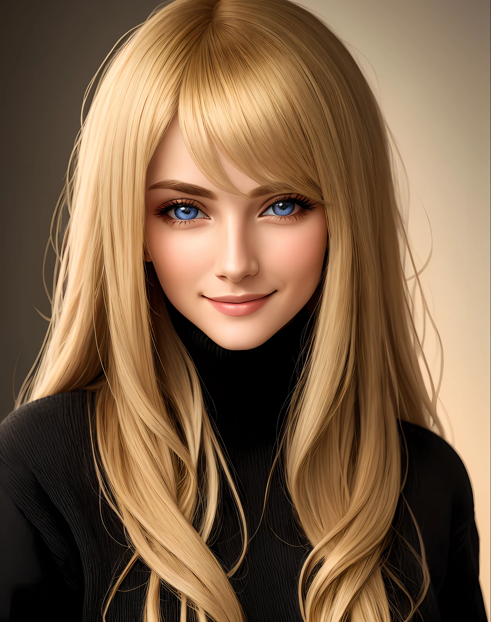Masterpiece, absurdres,HDR ,highly detailed eyes and face,smiling, beautiful nod_woman, a woman with long blonde hair and a black sweater ,perfect nod_body,perfect nod_face,