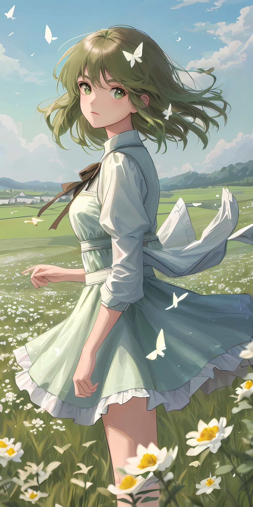 High Detail, Ultra Detail, Ultra High Resolution Light brown eyebrows, short green hair girl enjoying her time in open fields, surrounded by the beauty of nature, warm sun sprinkling on her, white flowers gently swaying in the breeze. Butterflies and birds flutter around her, adding to the playful atmosphere , --v6