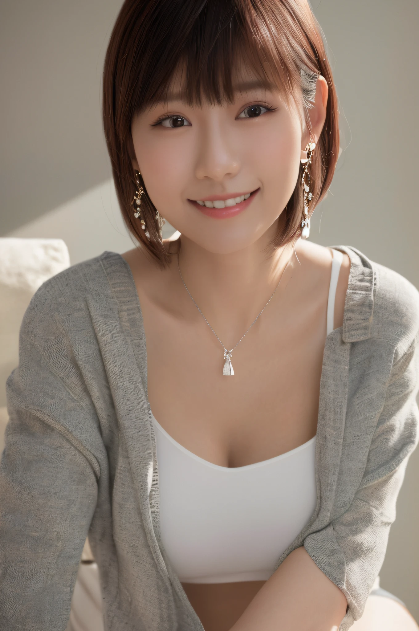 smiling minchen, 

absurdes, mouth closed, balanced eyes,
(Best quality details:1.2),realistic,8K High definition,Ultra Detailed,High quality texture,intricate details,detailed texture,finely detailed,high detail,extremely detailed cg,High quality shadow,Detailed beautiful delicate face,(Detailed beautiful delicate eyes:1.32),Depth of field,Ray tracing,(a beautiful 25 age years old cute japanese  lady:1),small breast, tall_female, beautiful_legs, Glow Eyes,blush, perfect petite body,skinny, 
blurry outdoor background, 
silver 
tight-fitting
Bra, 
blue 
tasteful
Denim Jacket,
 open coat:1.1, [brown_skirt]:1, stockings and garterbelt:1.2, bob cut hair, cozy living room, sunlight, kneeling on sofa, earrings,necklace, model, looking at viewer, dynamic pose, earrings,necklace, model, looking at viewer, from side, dynamic pose,  front facing