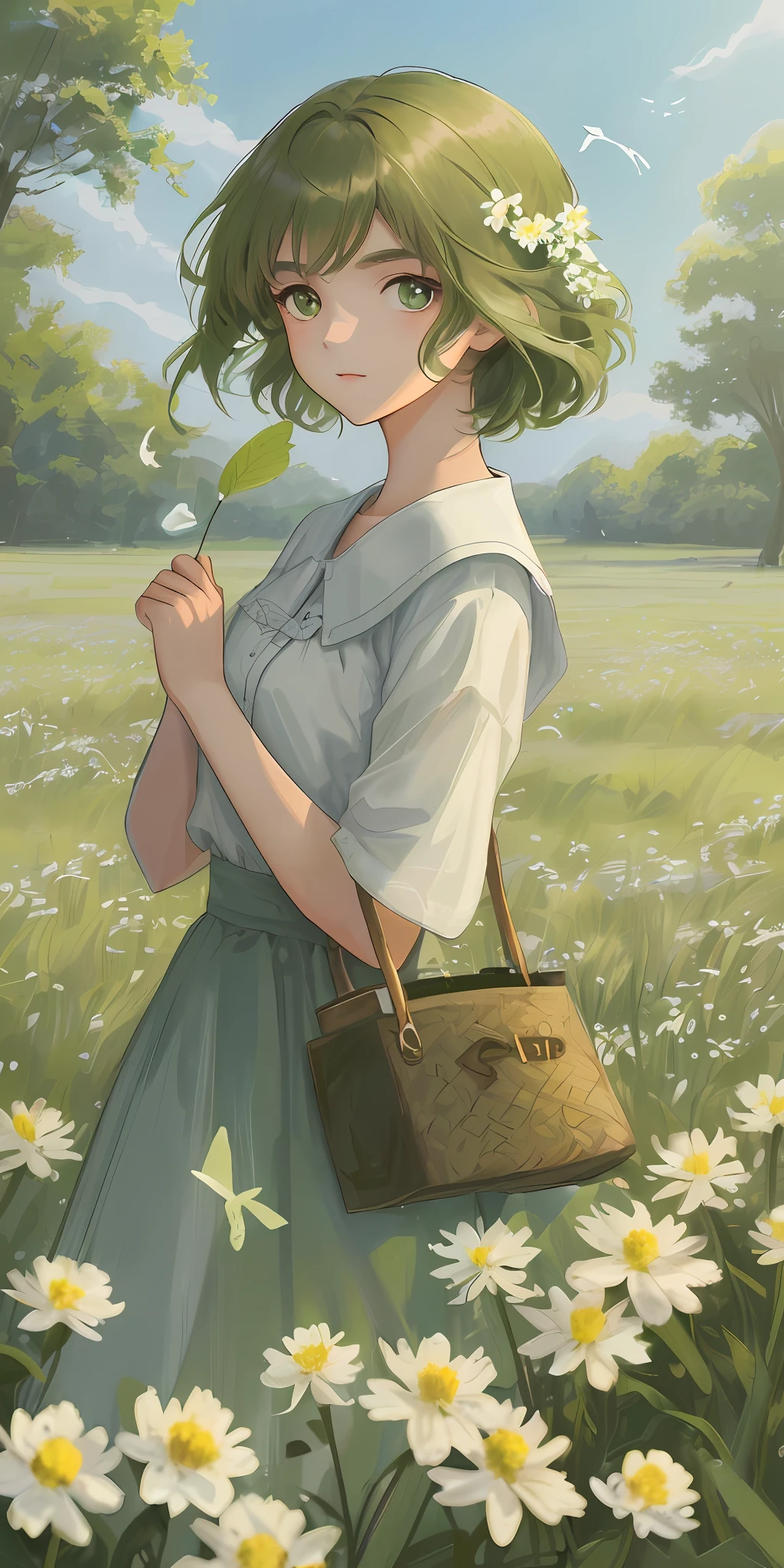 High Detail, Ultra Detail, Ultra High Resolution Light brown eyebrows, short green hair girl enjoying her time in open fields, surrounded by the beauty of nature, warm sun sprinkling on her, white flowers gently swaying in the breeze. Butterflies and birds flutter around her, adding to the playful atmosphere , --v6