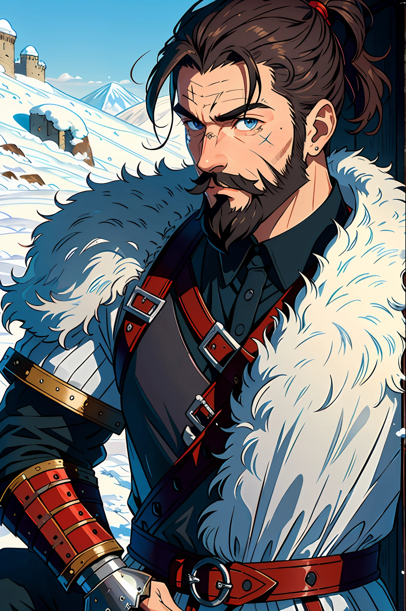1 man,man focus,facial_hair,solo,beard,manly,sword, England armor,scenery,snow,wall, scar,