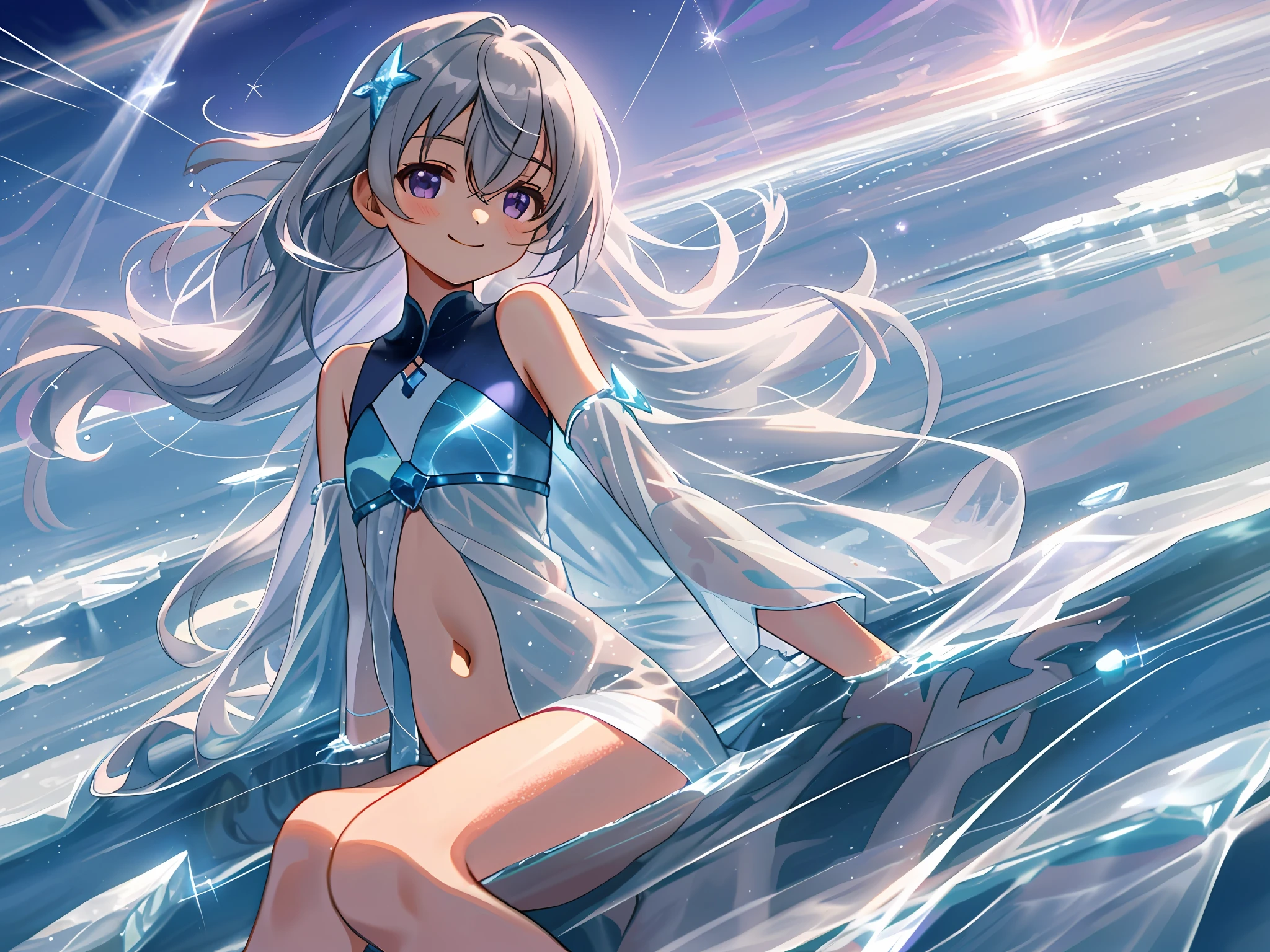 Lots of ice crystals in the sky, water's edge, single portrait, li, young body, flat chest, smiling expression, looking directly, sitting, showing the navel, scattered long hair, gray hair, purple eyes, broken body