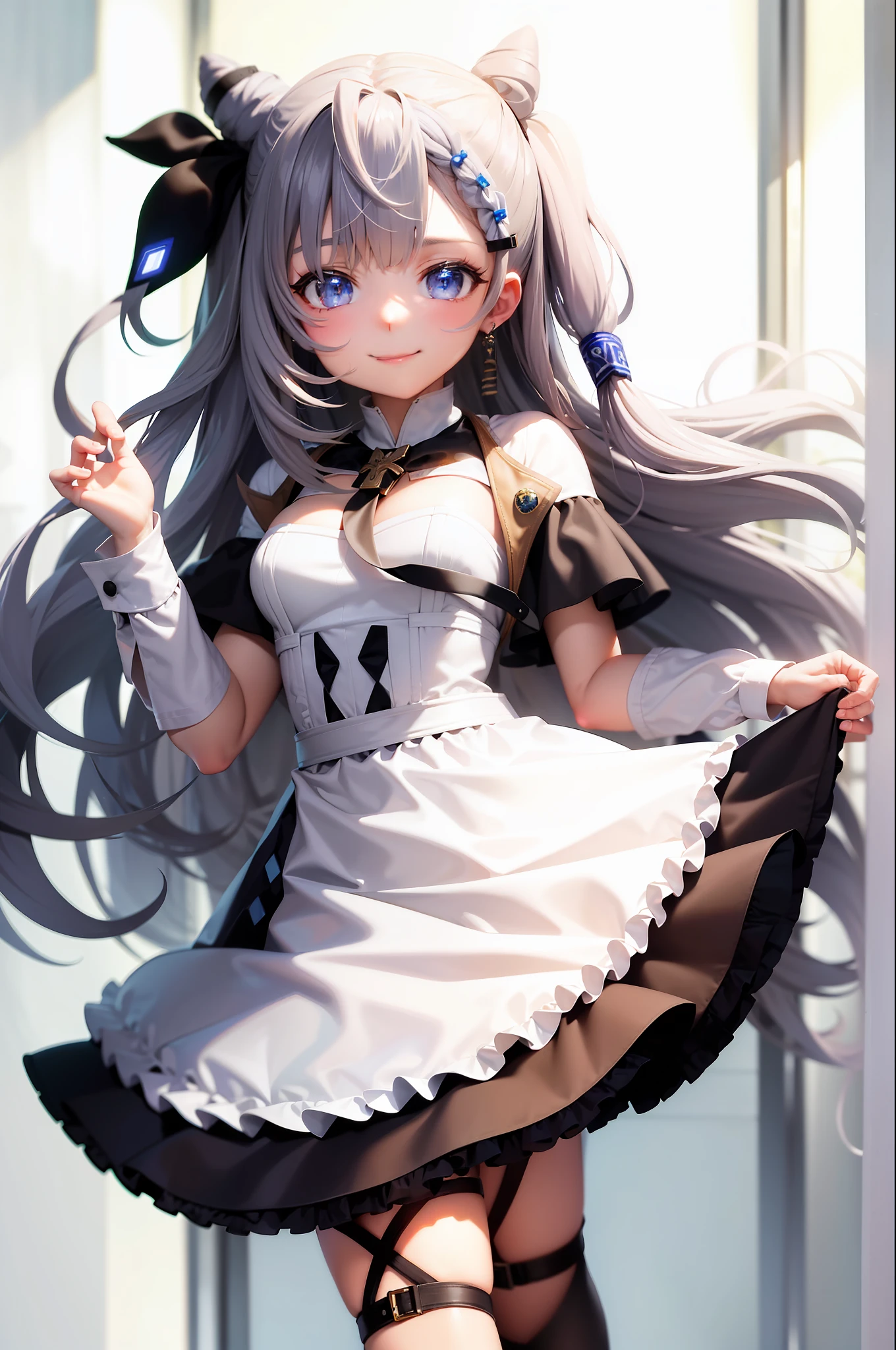 (masterpiece, best quality:1.2), cowboy shot, solo, 1girl, vestia zeta, virtual youtuber, smile, looking at viewer, hair ribbon, hair ornament, maid dress, single thighhigh, thigh strap, maid,