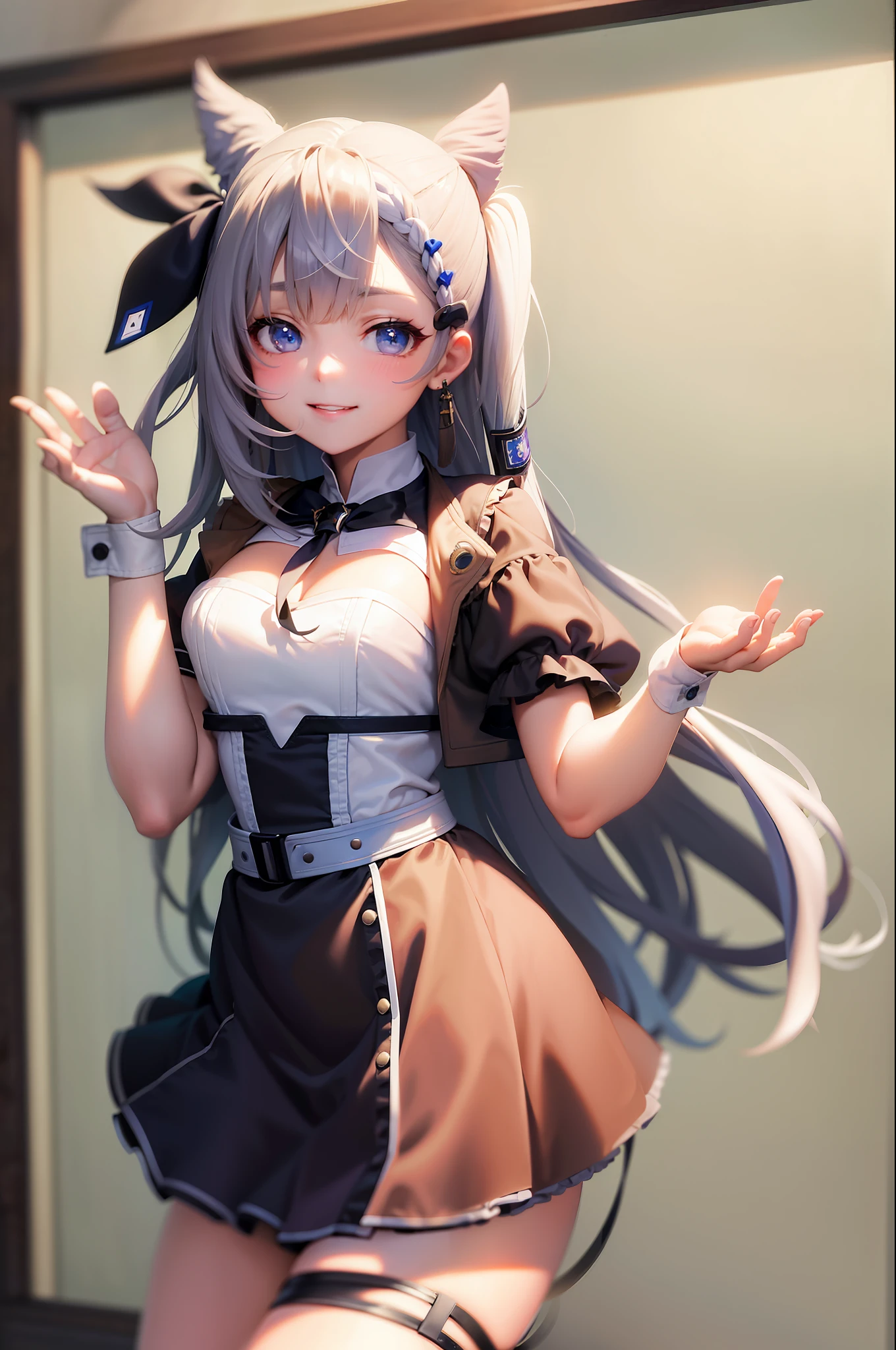 (masterpiece, best quality:1.2), cowboy shot, solo, 1girl, vestia zeta, virtual youtuber, smile, looking at viewer, hair ribbon, hair ornament, maid dress, single thighhigh, thigh strap, maid,