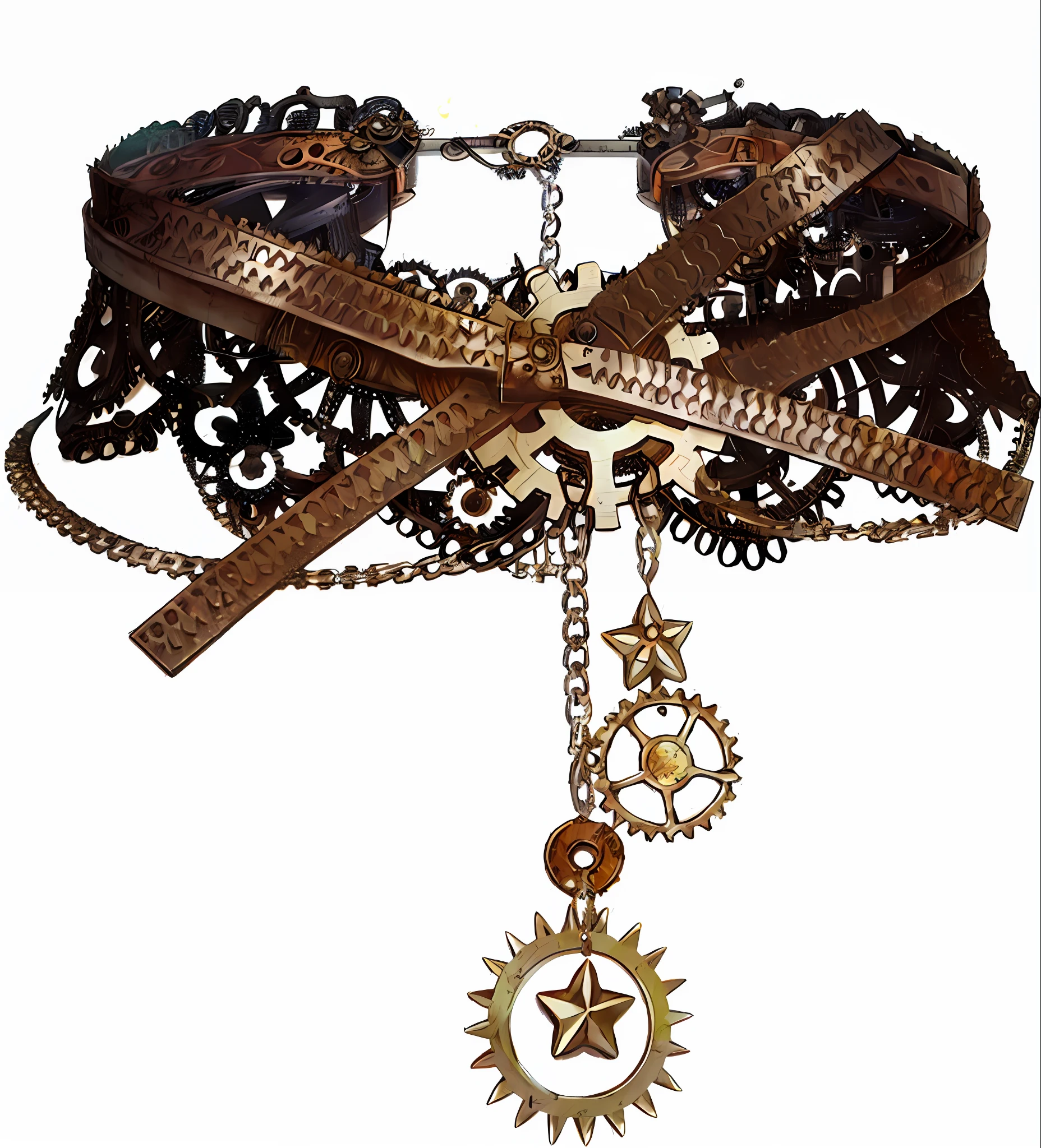 choker, steampunk concept art, rusted metal, metallic textures, cogwheels, clockworks, leather details.