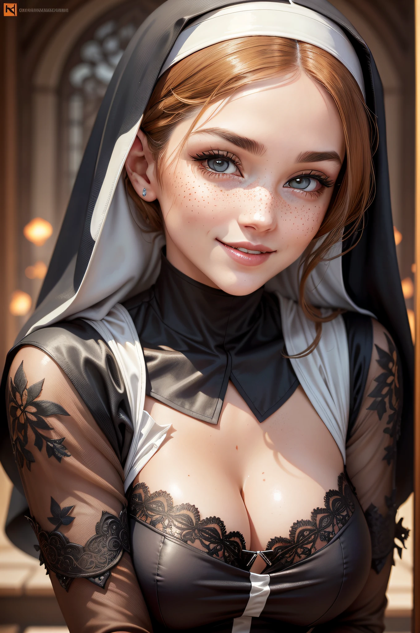 close-up of a beautiful female face, wearing a nun outfit, gorgeous hazel eyes, intricate, cleavage, soft lips, smiling, naughty, seductive glance, freckles