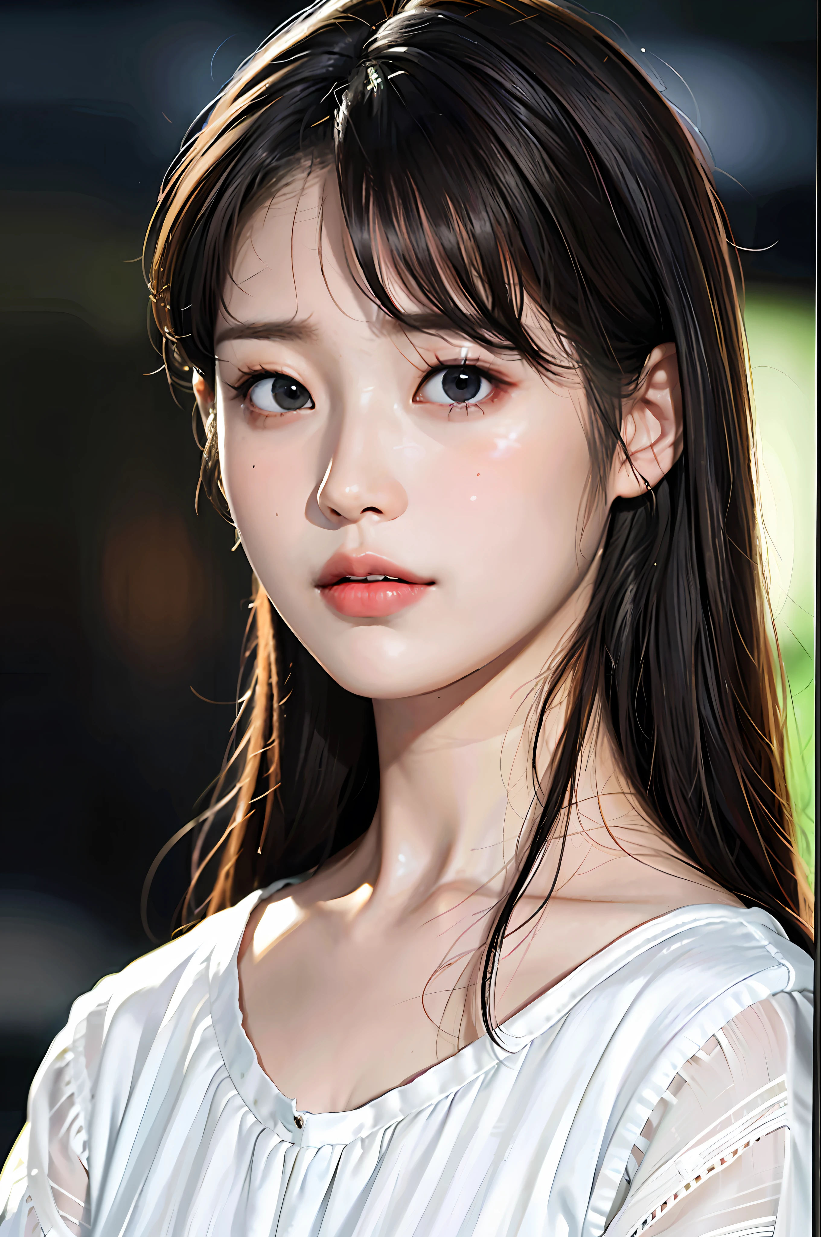 masterpiece, best quality, (dark photo:1.3), photorealistic, 1girl, flat bangs, stunning innocent symmetry face, shirt, emotional, ulzzang, (PureErosFace_V1:0.7)