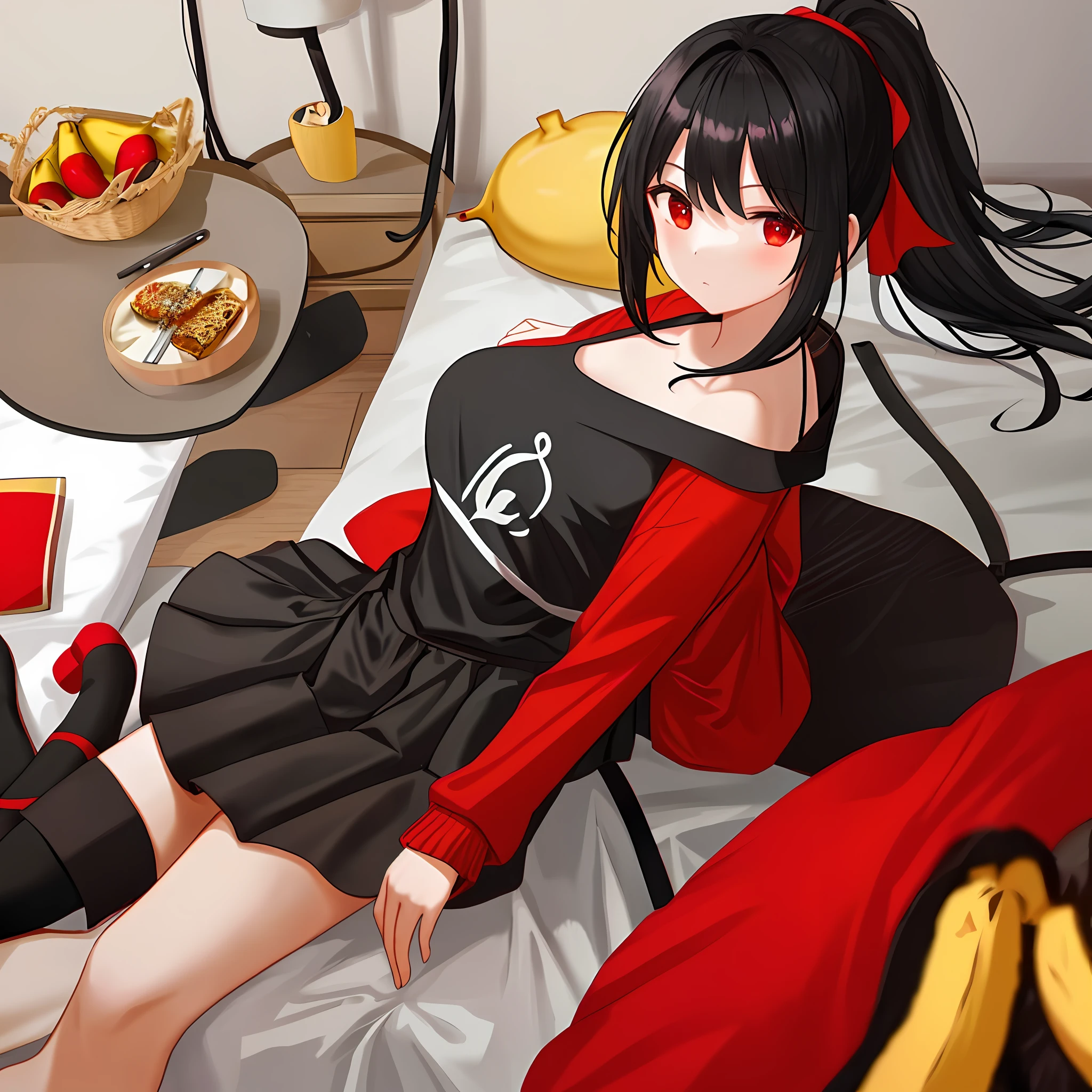 1 girl in bedroom Black hair red eyes Single ponytail Black top red skirt Eating bananas