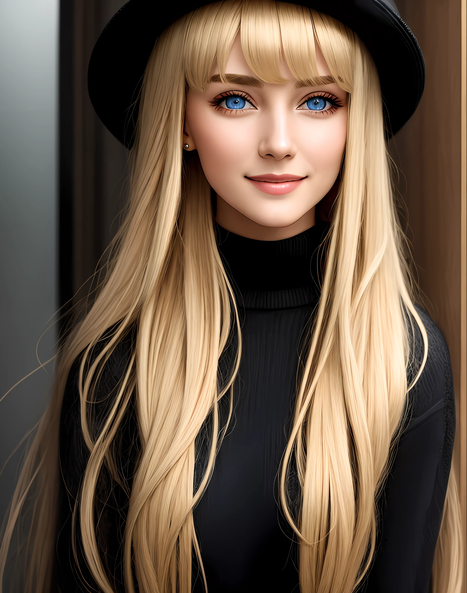 Masterpiece, absurdres,HDR ,highly detailed eyes and face,smiling, beautiful nod_woman, a woman with long blonde hair and a black sweater ,perfect nod_body,perfect nod_face,