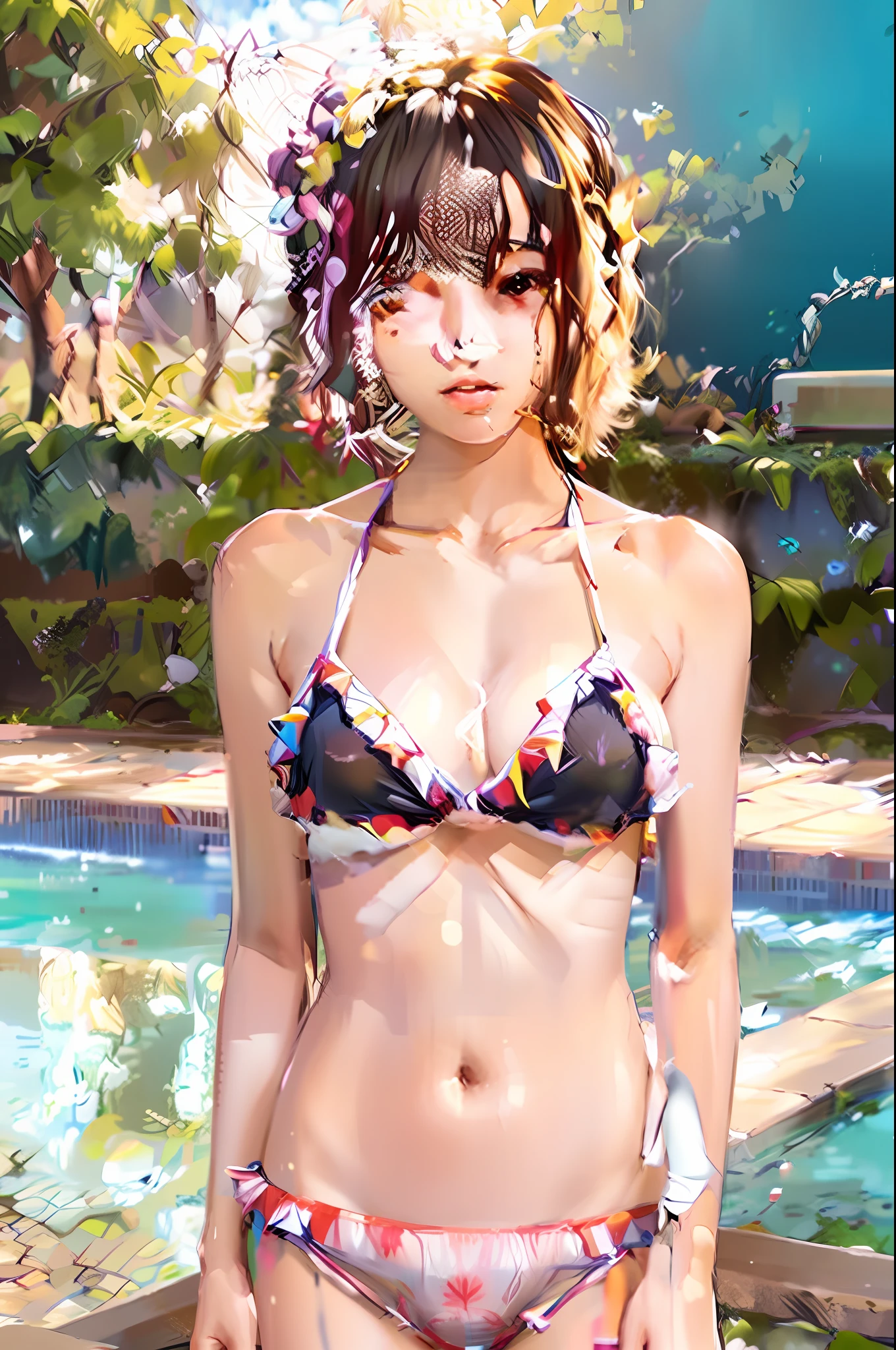8 year old girl in strawberry print bikini posing by the pool, young skinny gravure idol, realistic young gravure idol, young sensual gravure idol, young pretty gravure idol, sophisticated gravure idol, young gravure idol, Yasumoto Oka, Yuno Ohara, hot with shining sun, realistic sensual gravure idol, photo of slim girl, beautiful breasts,
