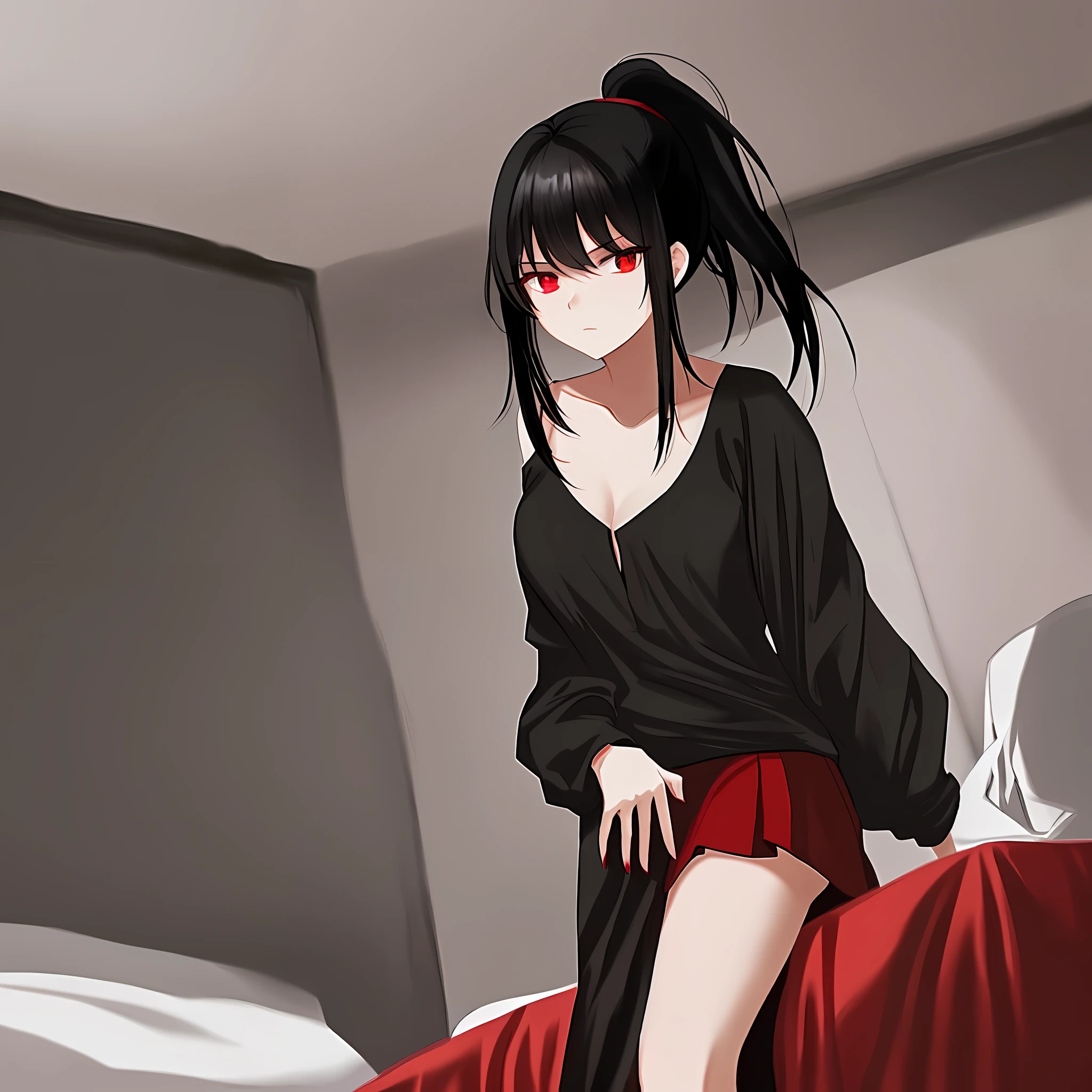 A girl with black hair and red eyes single ponytail in the bedroom black blouse red skirt black silk lying with a reluctant look of defiance flushed complexion