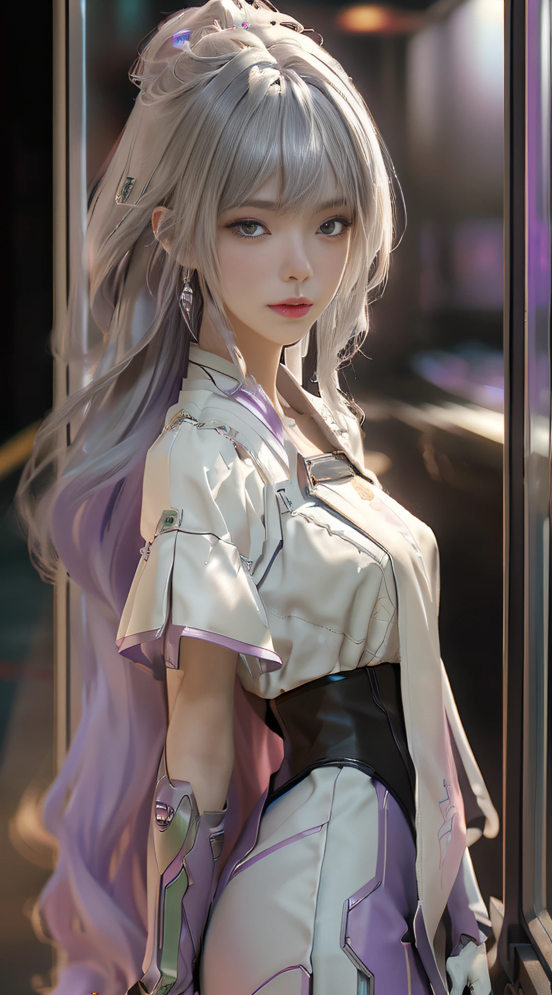 (Best Quality), ((Masterpiece), (Detail: 1.4), 3D, A Beautiful Cyberpunk Female Figure, Long Lilac Hair, HDR (High Dynamic Range), Ray Tracing, NVIDIA RTX, Super-Resolution, Unreal 5, Subsurface Scattering, PBR Textures, Post Processing, Anisotropic Filtering, Depth of Field, Maximum Sharpness and Clarity, Multi-layer Textures, Albedo and Highlight Maps, Surface Shading, Accurate simulation of light-material interactions, perfect proportions, Octane Render, two-color light, large aperture, low ISO, white balance, rule of thirds, 8K RAW,