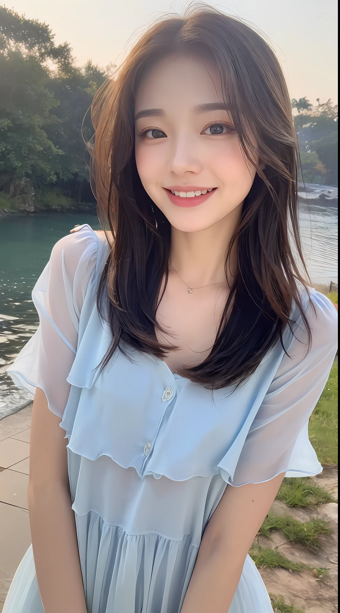 ((Top Quality, 8K, Masterpiece: 1.3)), Focus: 1.2, Cute Girl One, Perfect Beauty: 1.4, Asto: 1.2, ((Layered Hairstyle, Small: 1.2)), (Wet Clothes: 1.1), (Waves: 1.3), Sheer Dress: 1.2, Highly Detailed Face and Skin Texture, Detailed Eyes, Double Eyelids, Whitening Skin, Charming Smile