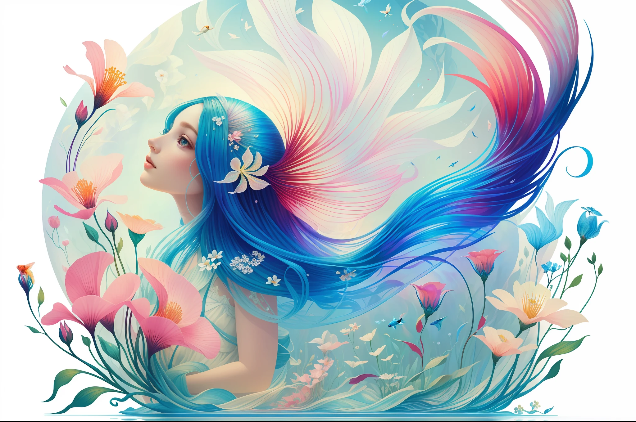 (Illustration:1.3) beautiful betta fish swimming with flowers (by Artist Anna Dittman:1), (((masterpiece))), (((best quality))), ((ultra-detailed)),(detailed light),((an extremely delicate and beautiful)),