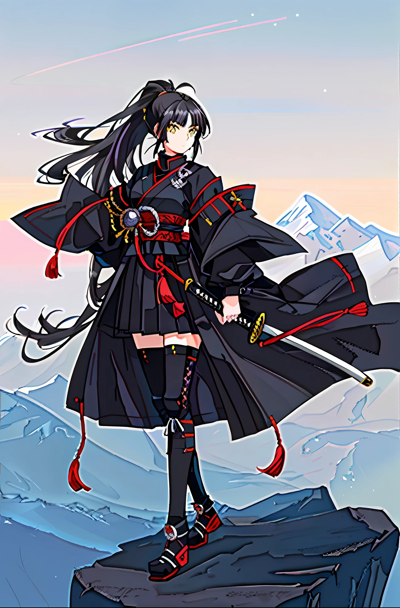 (anime-style, highly detailed and lifelike, best quality), a lone (girl:1.2) stands before (a scenic mountain landscape), her (black hair:1.3) pulled back tightly into a (streamlined ponytail:1.05). Her (expressive yellow eyes) shine against the stark contrast of her (black and red samurai armor), each piece (magnificently detailed:1.15). She confidently holds a (polished katana) at her side, poised and ready for whatever may come her way.