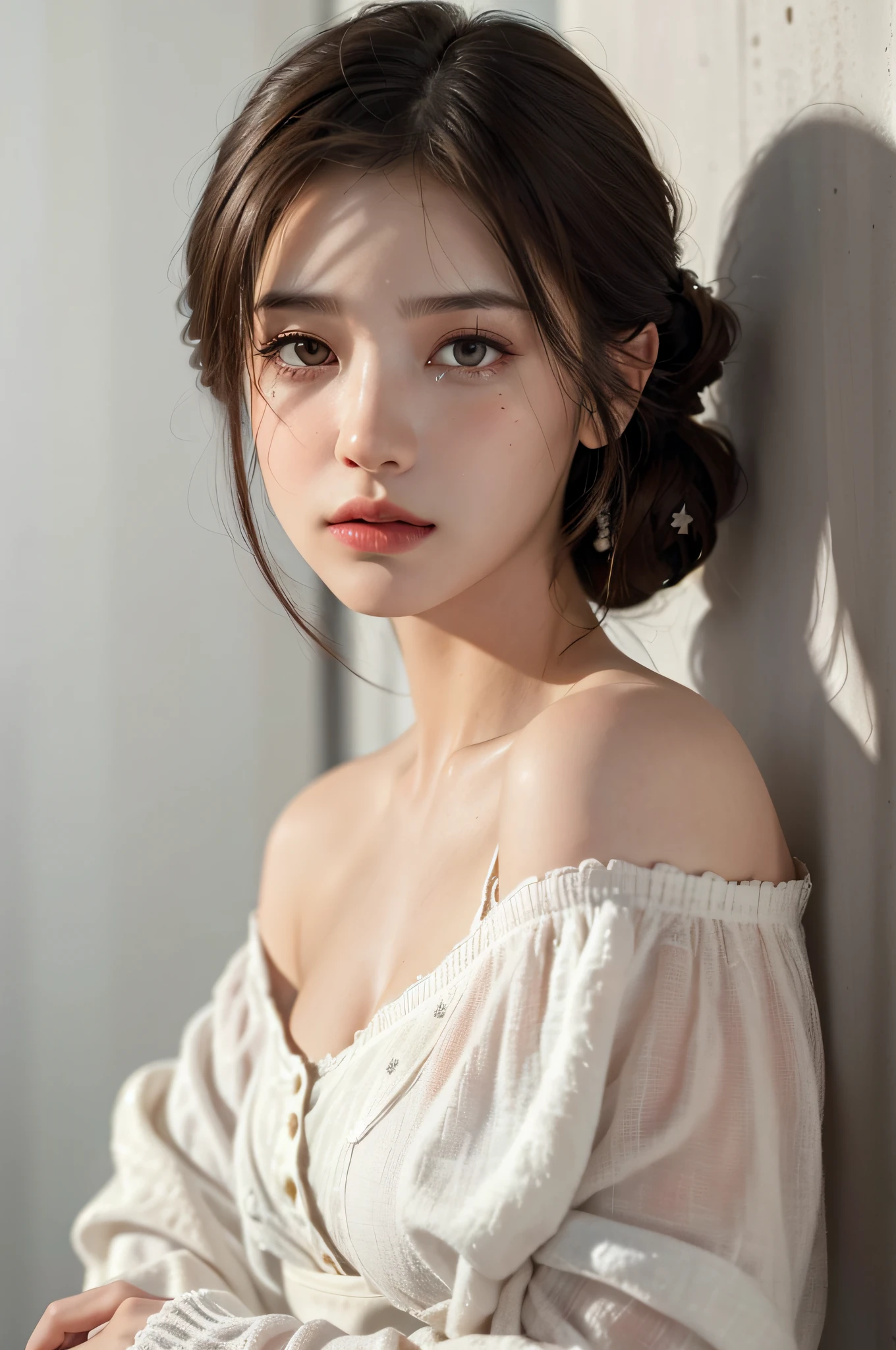Best quality, masterpiece, ultra high res, (photorealistic:1.4), raw photo, (Authentic skin texture:1.3), (film grain:1.3), panorama, character portrait, very wide shot, narrow waist, cowboy shot, (in the dark, deep shadow, low key, cold light,) night, close-up, streaming tears,
indoor, dust, Tyndall effect, sad, disappointed, gloom (expression), sitting, (against wall), crying, frown, (head bowed), nervous, tearing up, lonely,
1girl, beautiful detailed eyes and face, white jabot, off shoulder, brown eyes,