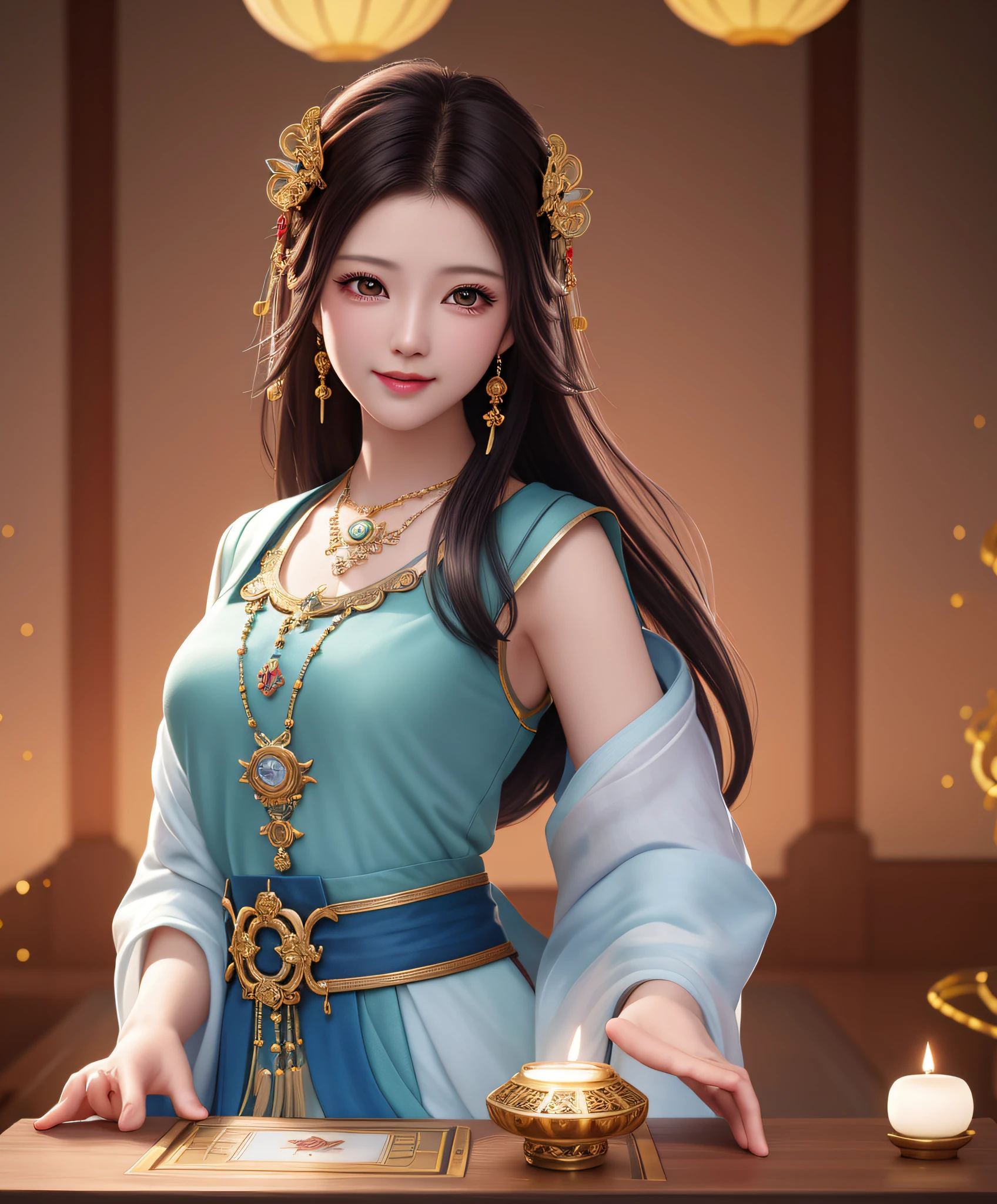 top quality, masterpiece, hi-res, 1 woman, 35 years old, Japanese, western style fortune teller outfit, hair ornament, necklace, jewelry, beautiful face, calm smile, upon_body, Tyndall effect, photorealistic, divination room, candles on table, tarot cards, rim lighting, two tone Lighting, (High Definition Skin:1.2), 8k uhd, DSLR, soft lighting, high quality, volumetric lighting, candid, photography, high resolution, 4k, 8k, bokeh