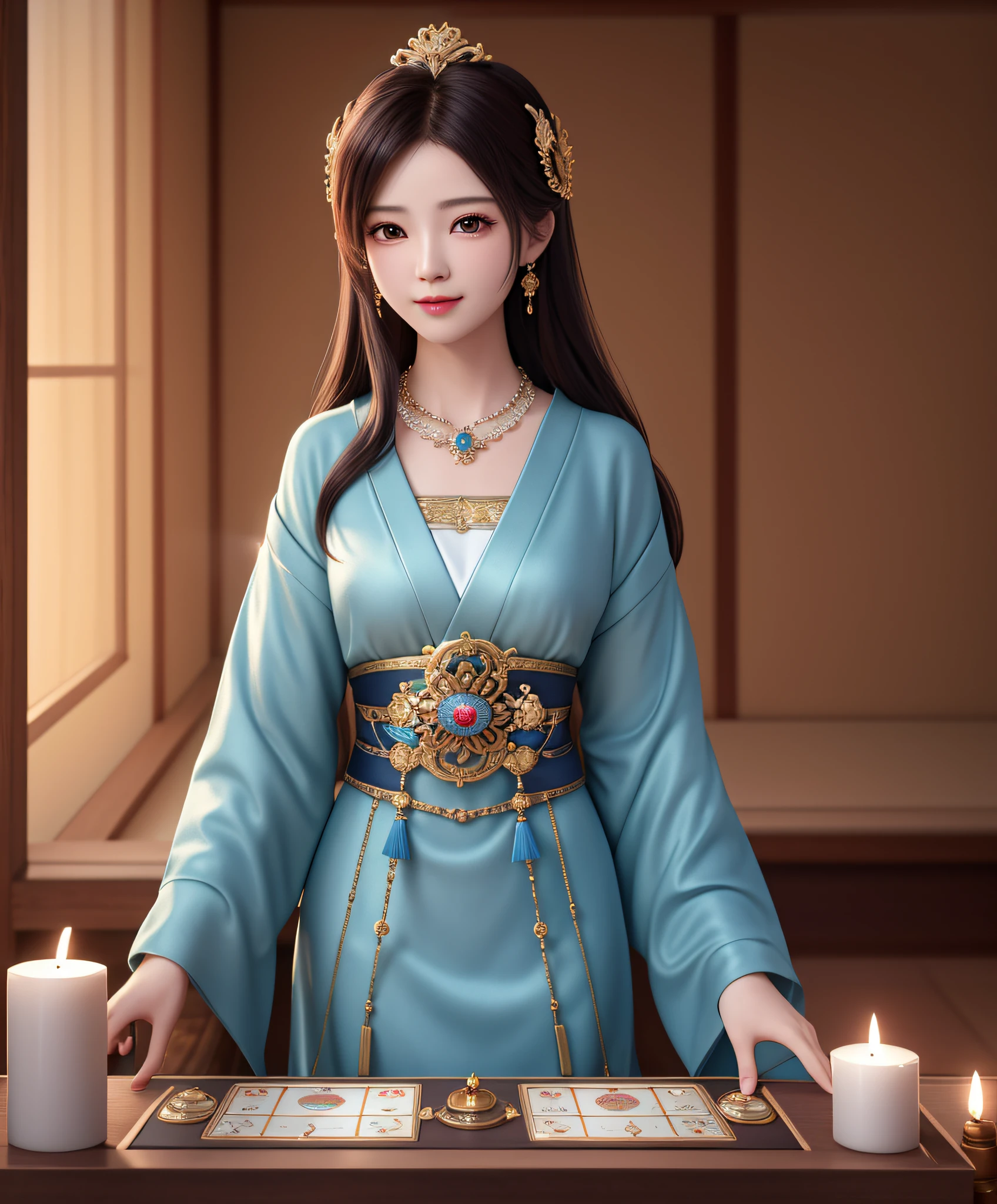 top quality, masterpiece, hi-res, 1 woman, 35 years old, Japanese, western style fortune teller outfit, hair ornament, necklace, jewelry, beautiful face, calm smile, upon_body, Tyndall effect, photorealistic, divination room, candles on table, tarot cards, rim lighting, two tone Lighting, (High Definition Skin:1.2), 8k uhd, DSLR, soft lighting, high quality, volumetric lighting, candid, photography, high resolution, 4k, 8k, bokeh