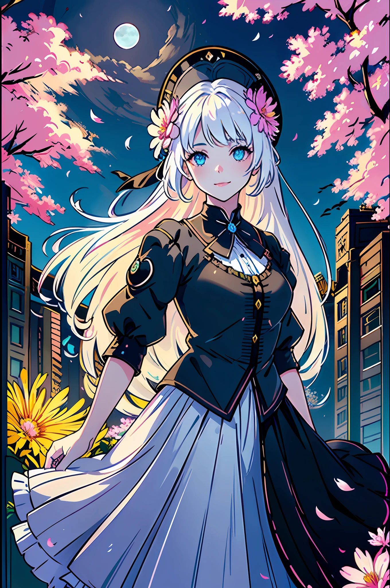 masterpiece, best quality,
1girl, (colorful),(finely detailed beautiful eyes and detailed face),cinematic lighting,bust shot,extremely detailed CG unity 8k wallpaper,white hair,solo,smile,intricate skirt,((flying petal)),(Flowery meadow)
sky, cloudy_sky, building, moonlight, moon, night, (dark theme:1.3), light, fantasy,