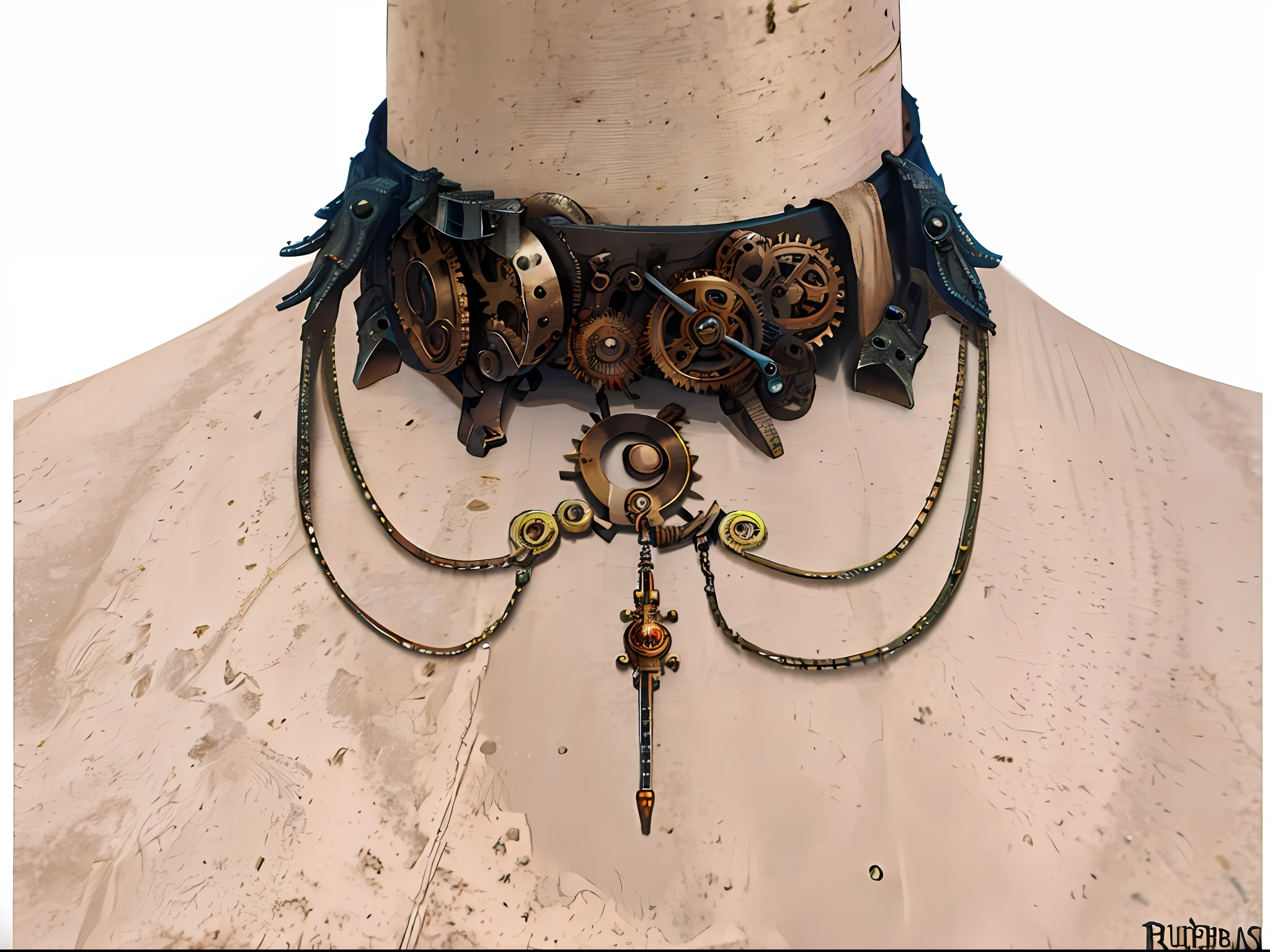 choker, steampunk concept art, rusted metal, metallic textures, cogwheels, clockworks, leather details.