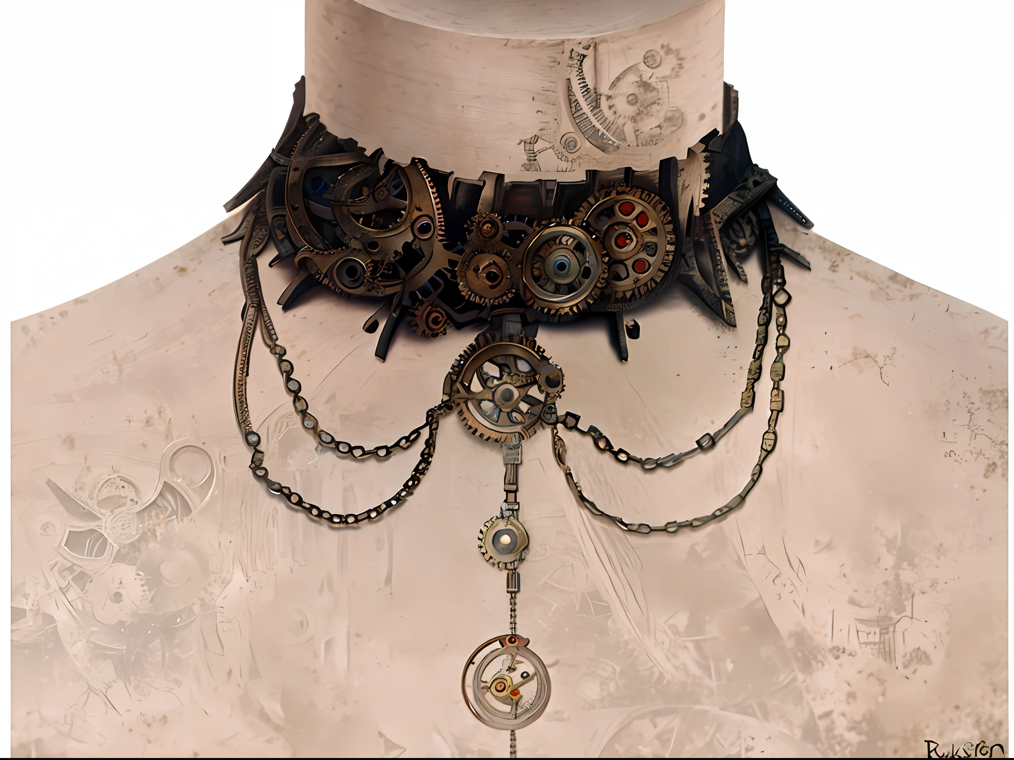 choker, steampunk concept art, rusted metal, metallic textures, cogwheels, clockworks, leather details.