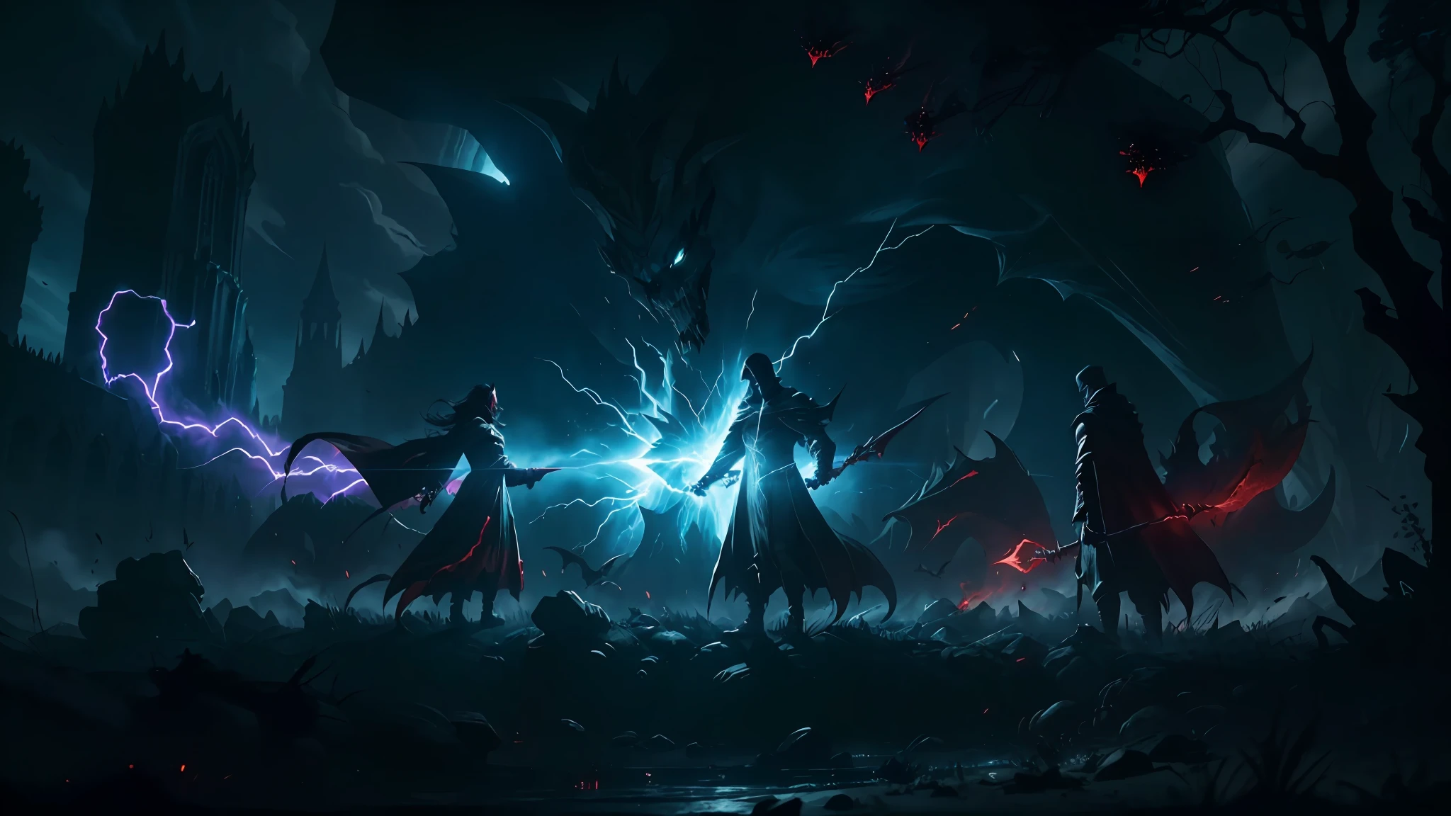 (best illumination, cinematic,dark fantasy),final boss fight, epic battle, (high-contrast+high-saturation:1.2),red mist,wrathful, powerful, thunderbolt spell,explosive shots,grim reaper,destructive magic,shadowy monsters.