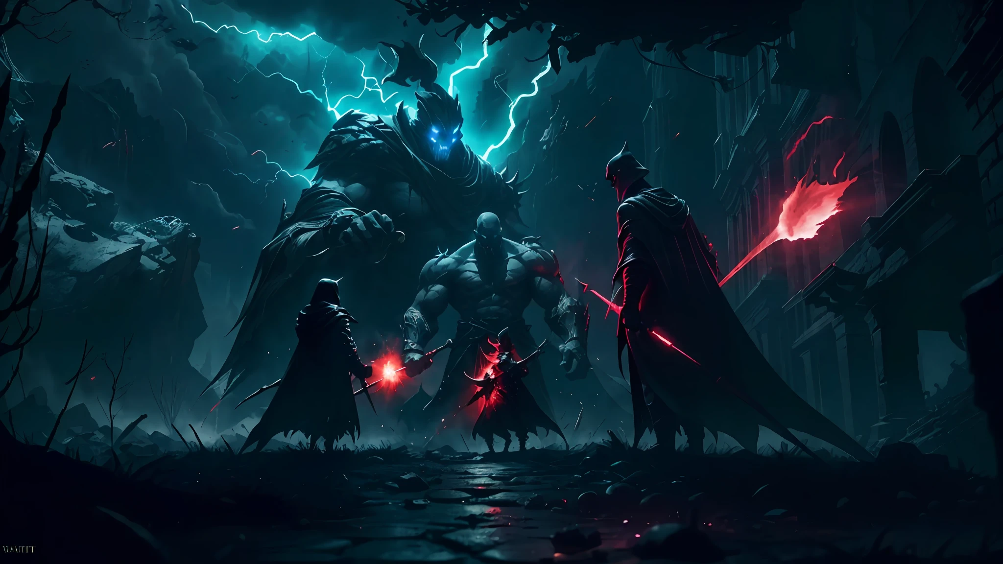 (best illumination, cinematic,dark fantasy),final boss fight, epic battle, (high-contrast+high-saturation:1.2),red mist,wrathful, powerful, thunderbolt spell,explosive shots,grim reaper,destructive magic,shadowy monsters.