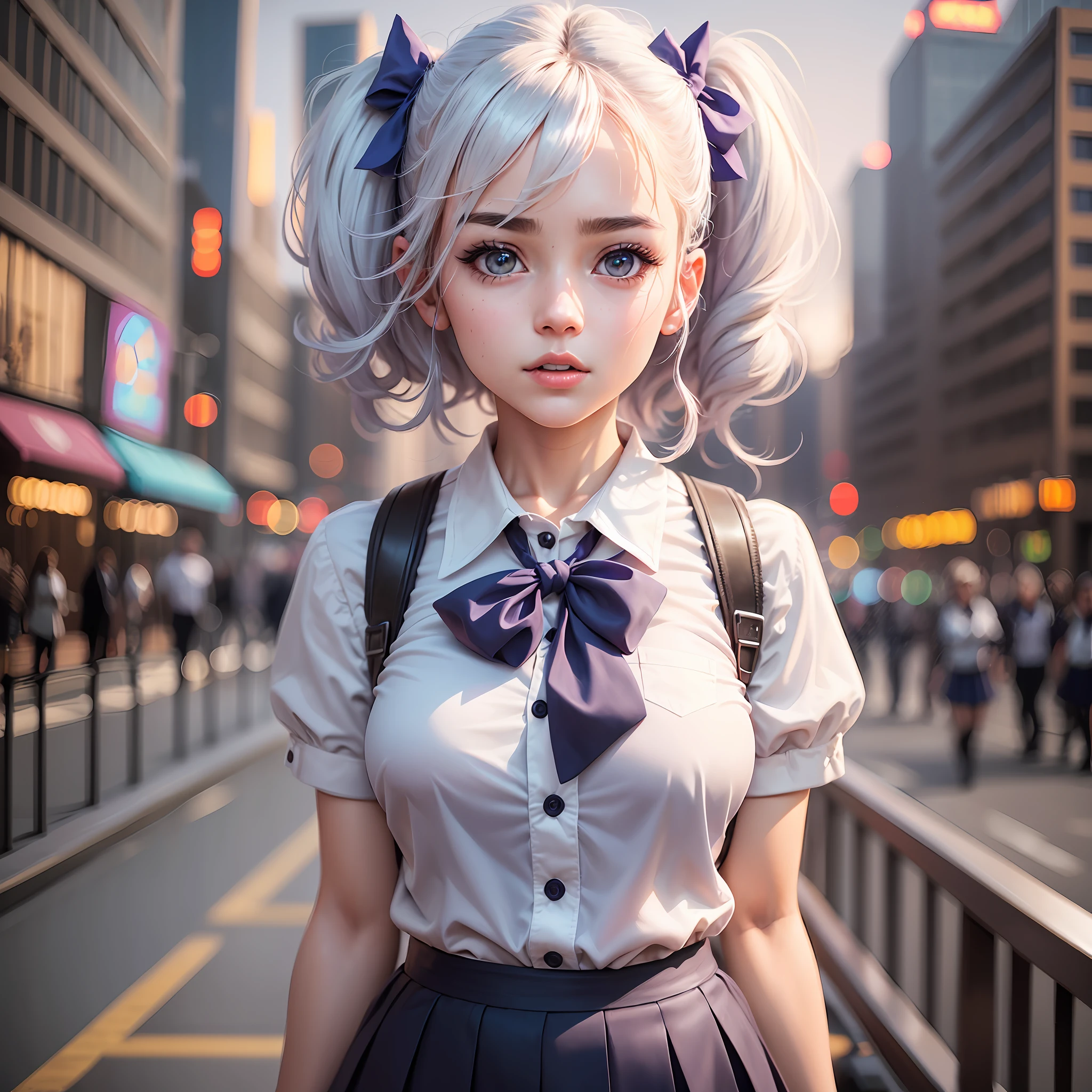 surreal schoolgirl, surreal schoolgirl, realistic anime 3 D style, realistic schoolgirl, smooth anime CG art, 3 D anime realistic, beautiful anime high school girls, Sakimichan HDRI, magical school school uniform, realistic anime, realistic young anime girl (8K, best quality, masterpiece: 1.2), realistic, super high resolution, intricate details, 1 girl, beautiful face, jk suit, white shirt, purple bow, bow tie, purple skirt, pleated skirt, cityscape, night, 8k, raw photo, best quality, mastery:1.3),(realistic,photo-realistic:1.37),(night),(looking viewer:1.331),(white hair),posing,Tokyo street,nightcityscape, Cyberpunk City, Soft Light, 1Girl, Extremely Beautiful Face, Bust, Hands Down, Hairstyle Casual, Expression Casual, Big Eyes, Low Abdomen, (Short Sleeves JK_shirt), JK_style, (Navy JK_skirt), (Bow JK_tie), Mix4, Detailed Eyes --auto --s2