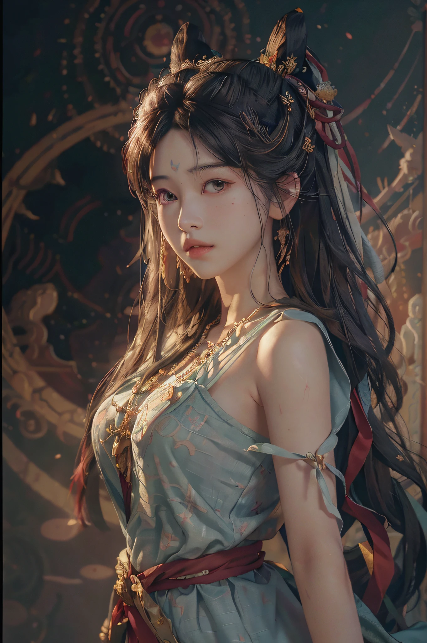 (RAW photo, best quality), (realistic, photo-realistic:1.3),best quality,highly detailed,masterpiece,ultra-detailed,illustration,1girl,upper_body,dynamic angle,world masterpiece theater,messy_long_hair,best quality,extremely detailed CG unity 8k wallpaper,ink,Amazing,cinematic lighting,lens_flare, dunhuang_style