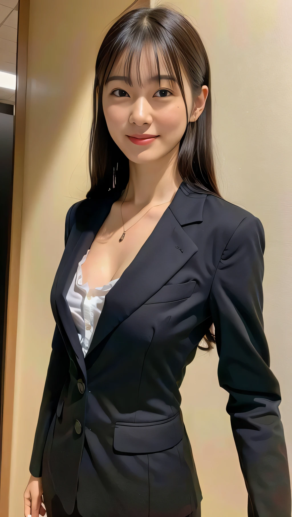 (Best quality, 8k, 32k, Masterpiece, UHD:1.2),Photo of Pretty Japanese woman,(detailed face:1.1), simple black suit, looking at viewer,upper body,necklace,medium breasts,open jacket, dress shirt,smile,office