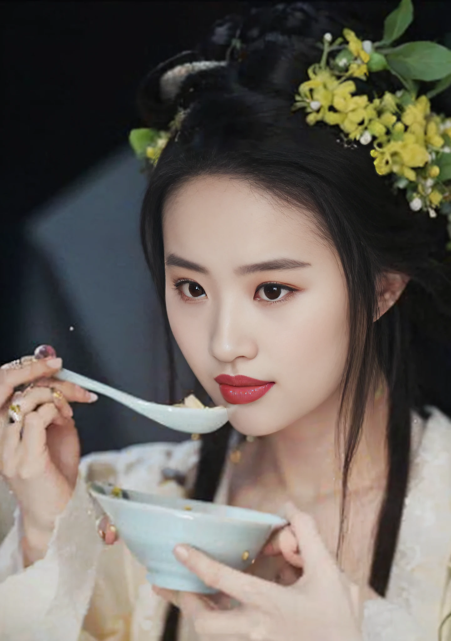 there is a woman eating a bowl of food with a flower in her hair, eating, inspired by Zhang Yan, inspired by Lan Ying, inspired by Ai Xuan, inspired by Luo Mu, inspired by Tang Yifen, inspired by Hua Yan, inspired by Yun Du-seo, palace , a girl in hanfu, realistic. cheng yi