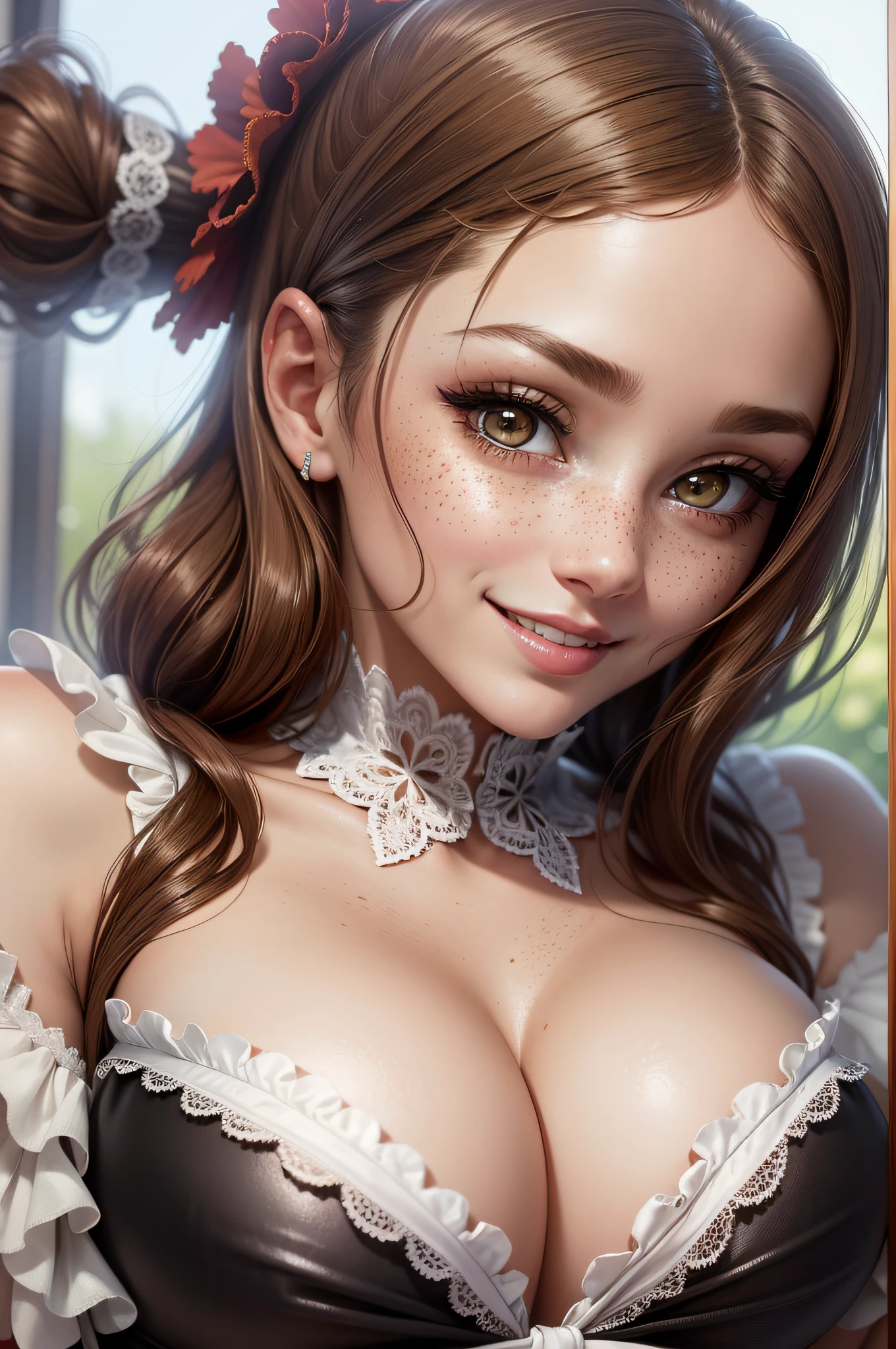 close-up of a beautiful female face, wearing a maid outfit, gorgeous hazel eyes, intricate, cleavage, soft lips, smiling, naughty, seductive glance, freckles, white lace
