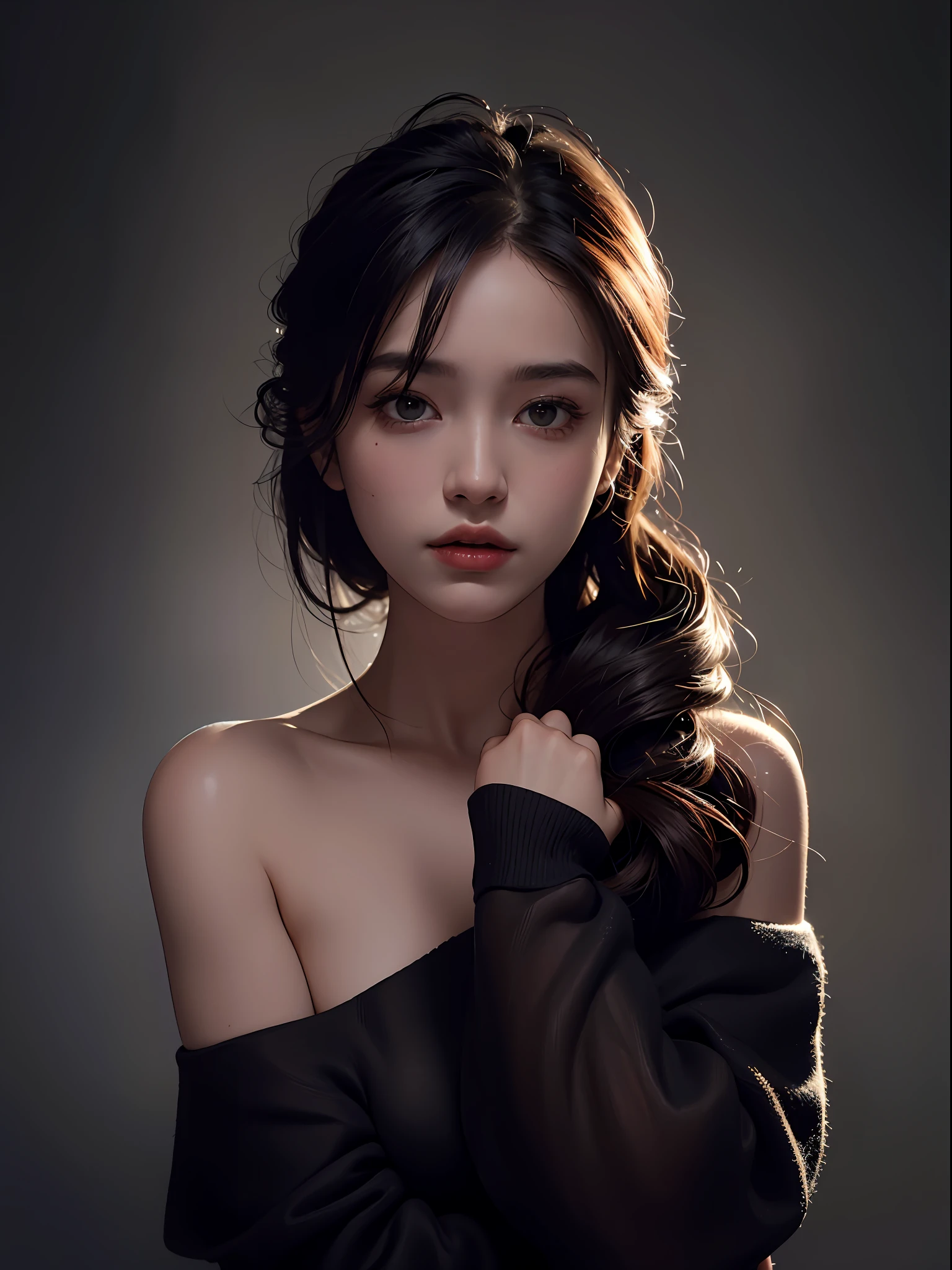 Best quality, masterpiece, ultra high res, (photorealistic:1.4), raw photo, 1girl, offshoulder, in the dark, deep shadow, low key, cold light