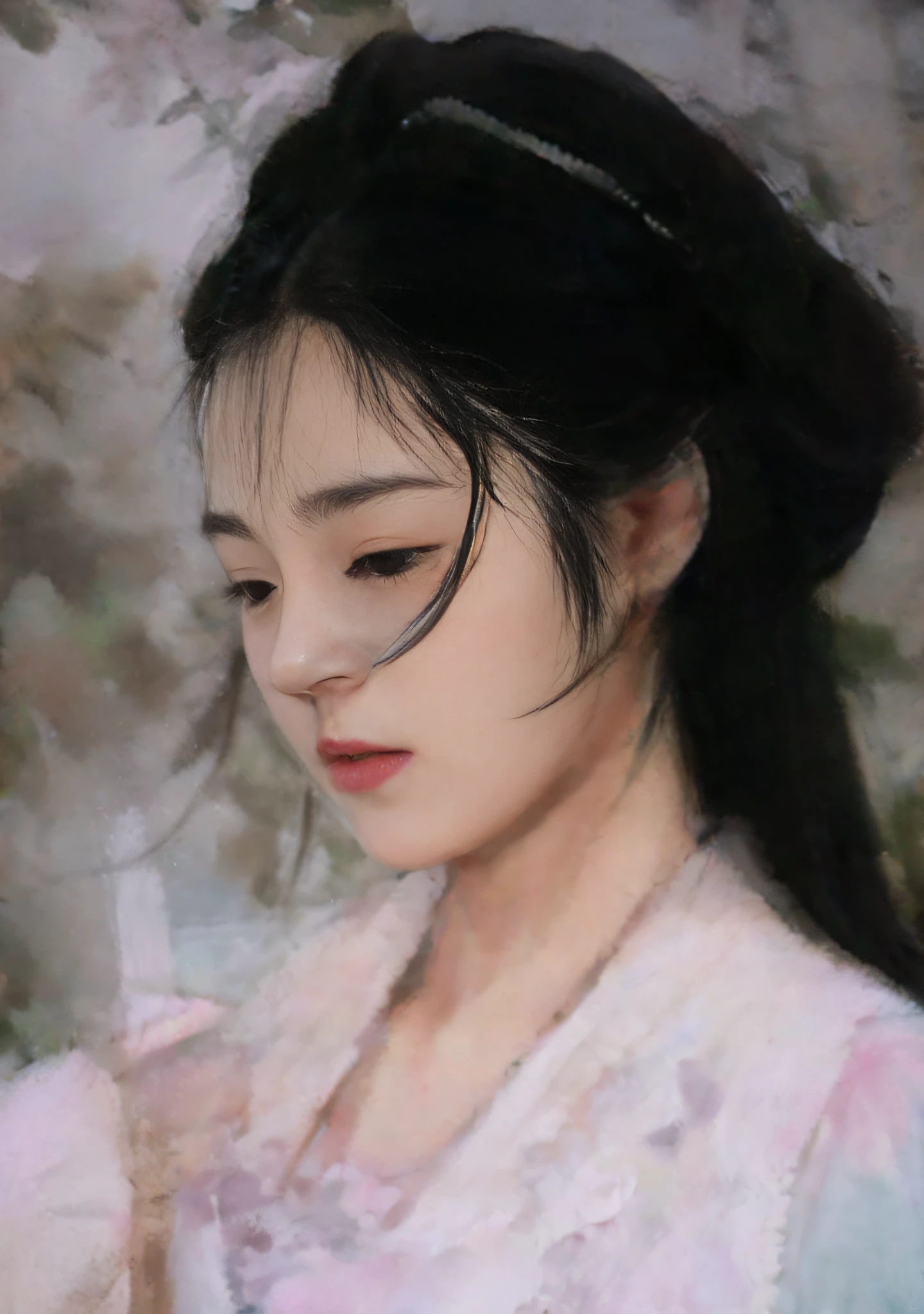painting of a woman in a kimono holding a cell phone, artwork in the style of guweiz, guweiz, palace , a girl in hanfu, inspired by Chen Yifei, inspired by Tang Yin, inspired by Tang Yifen, inspired by Qiu Ying, inspired by Zhang Xuan, inspired by Zhang Yan, inspired by Du Qiong