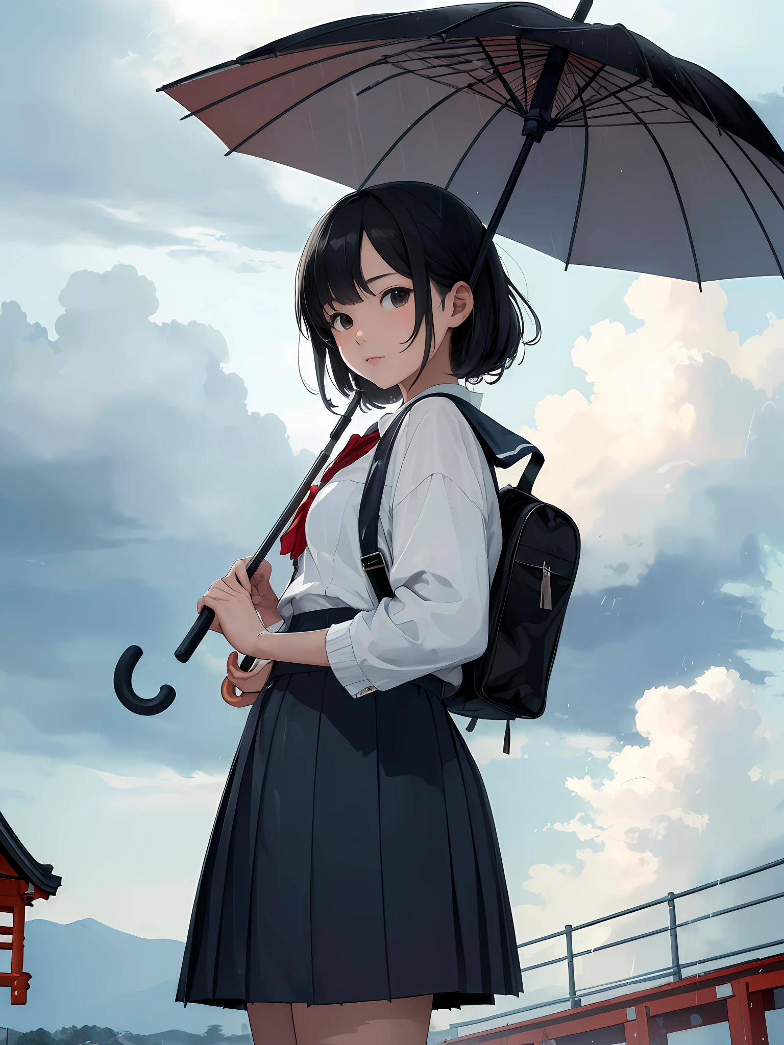 (((Masterpiece, highest quality, high definition, high detail)))), ((Modern Japan)), One, ((Schoolgirl with an umbrella)), (Rain clouds)