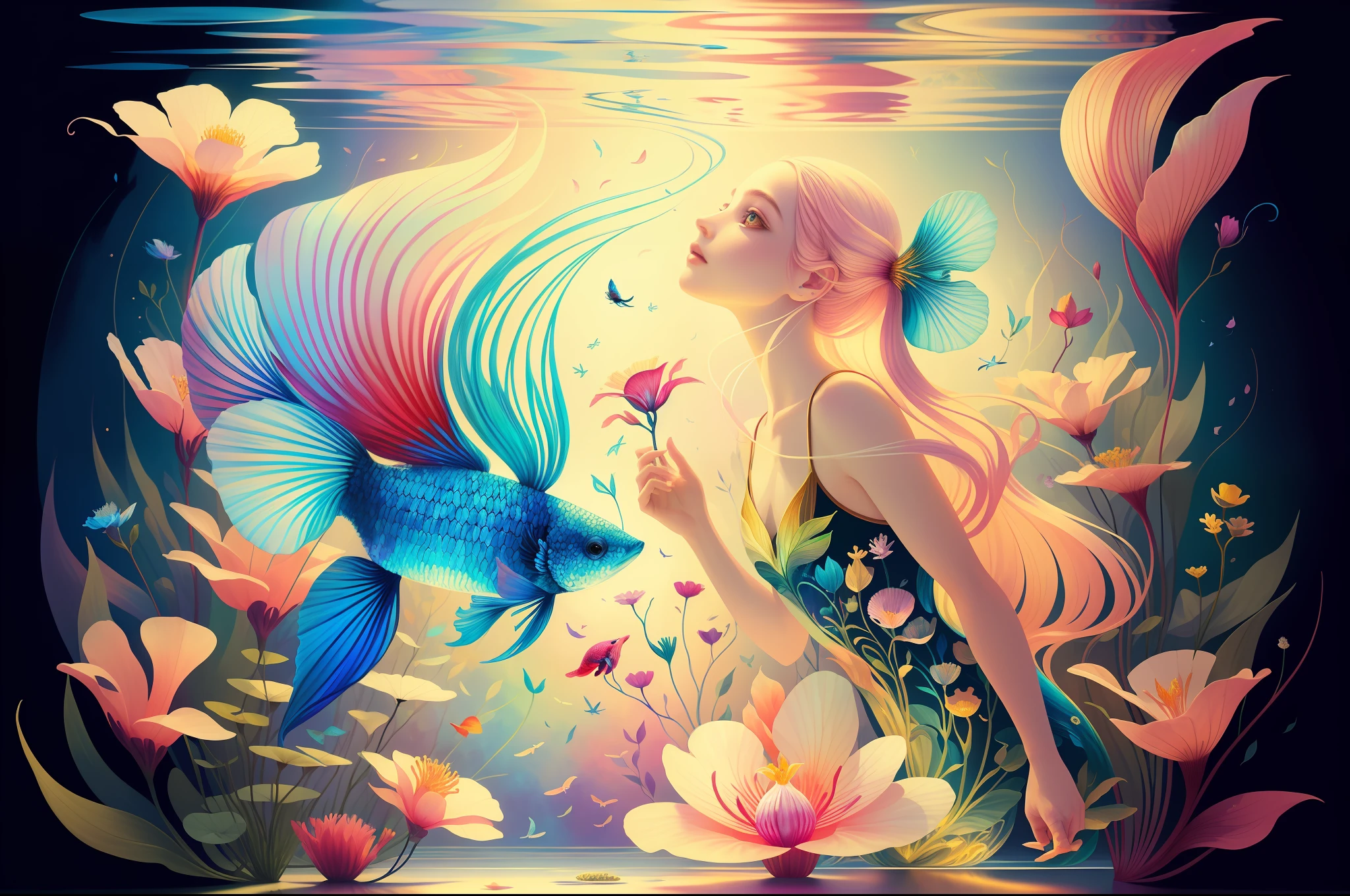 (Illustration:1.3) beautiful betta fish swimming with flowers (by Artist Anna Dittman:1), (((masterpiece))), (((best quality))), ((ultra-detailed)),(detailed light),((an extremely delicate and beautiful)),