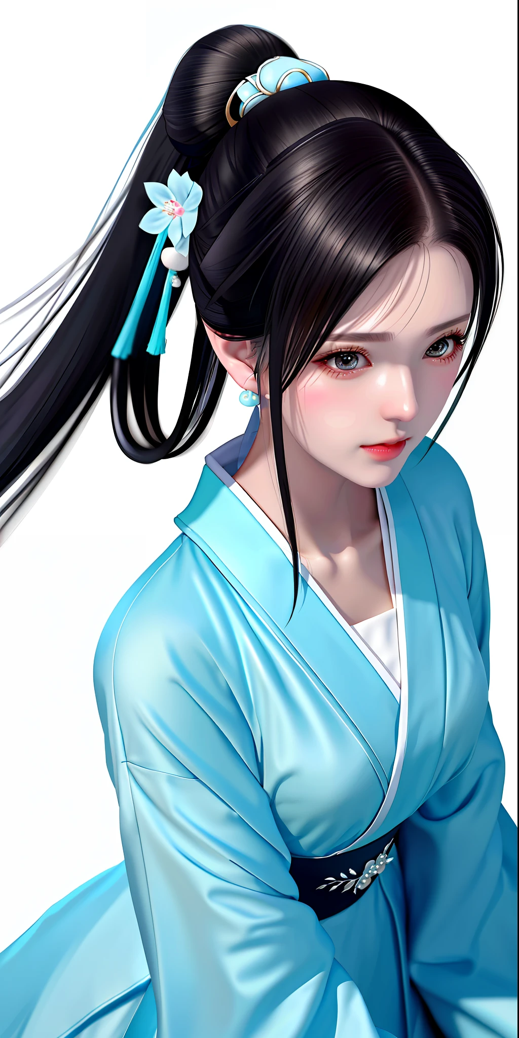 White background wall, mature wife japanese style black single ponytail cyan dress elegant temperament, sweat, semi-nude long legs chest close-up, high quality, details, HD
