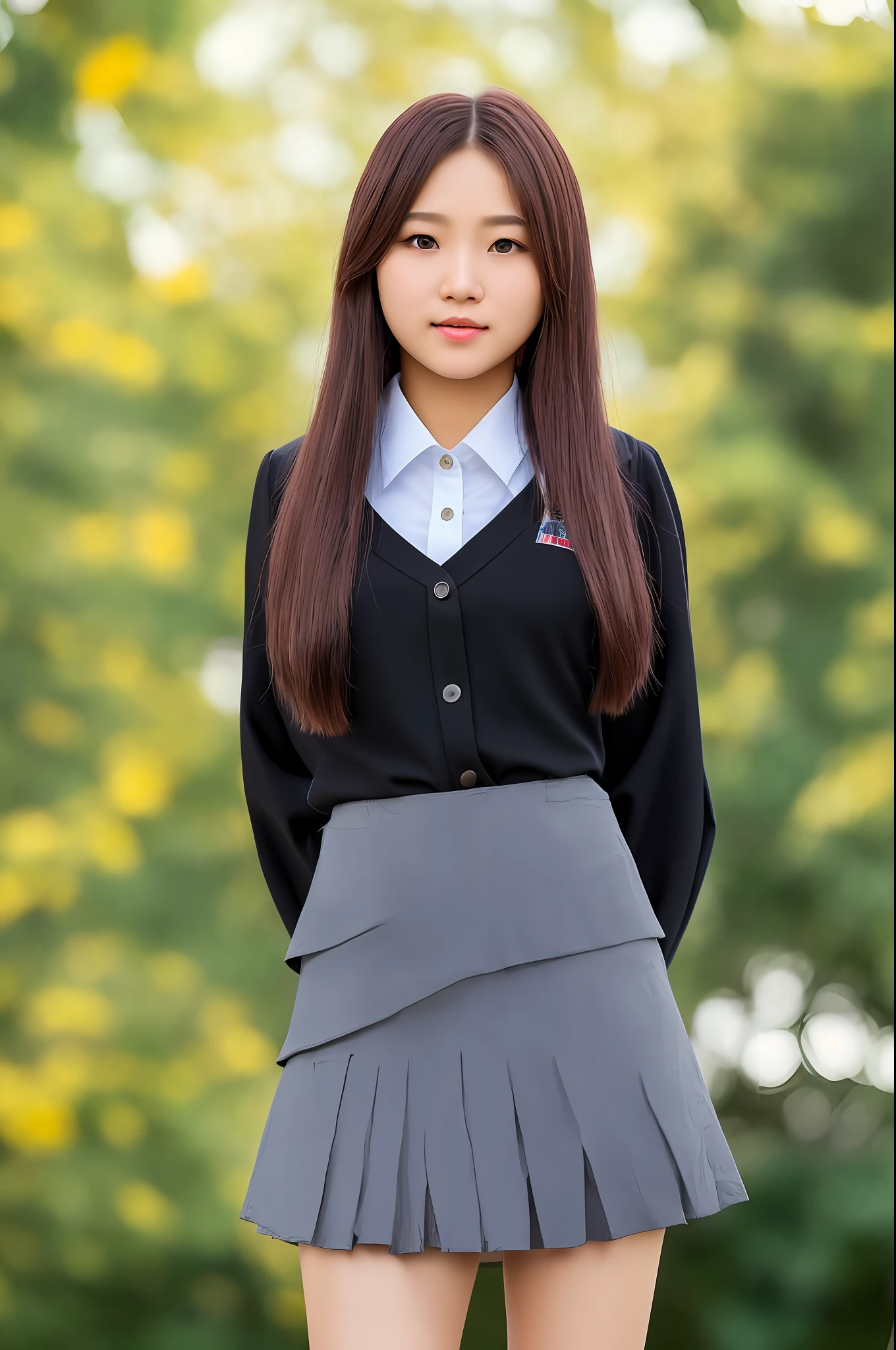18 years old female, long hair, RAW photo, bokeh (realism: 1.4, realistic), high detail CG unified 8K wallpaper, 1girl, ((slim body: 1)), (small breasts: 1), back to viewer, ((direct view from the front)), (HQ skin: 1.4), 8k uhd, dslr, soft light, high quality, film grain, Fujifilm XT3, ((school uniform, short skirt,see through open skirt:1.3)), ((outdoor, at park))) jangjoo, portrait,((Layered Haircut, black hire,small breast:1.2)),(looking at viewer:1.4),(full body:1.4)