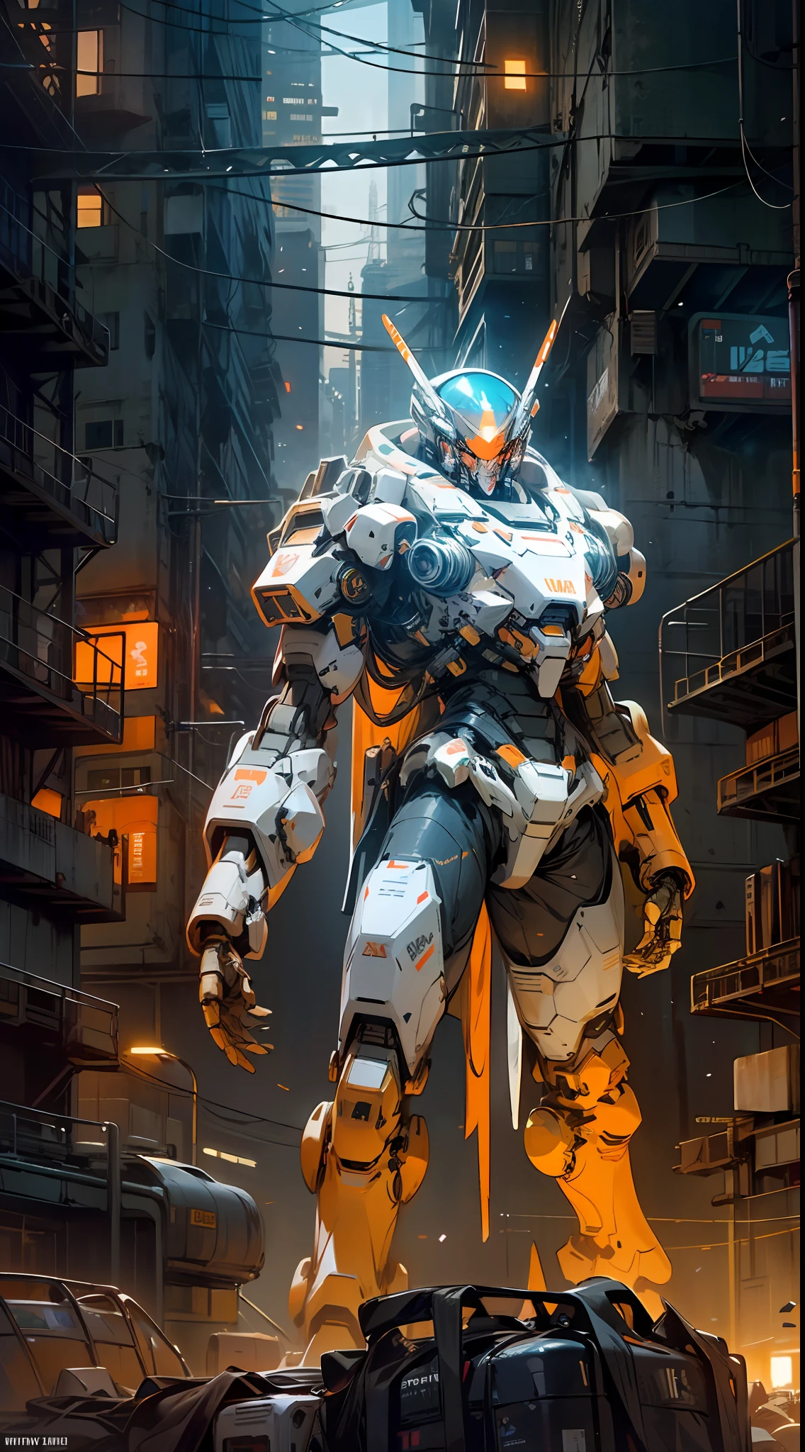 On the moon,barren planets, ruins, holding_weapon, no_humans, glowing, robot, building, glowing_eyes,orange mecha, science_fiction, city, realistic,mecha,Milky Way Galaxy background,neon,cyberpunk,