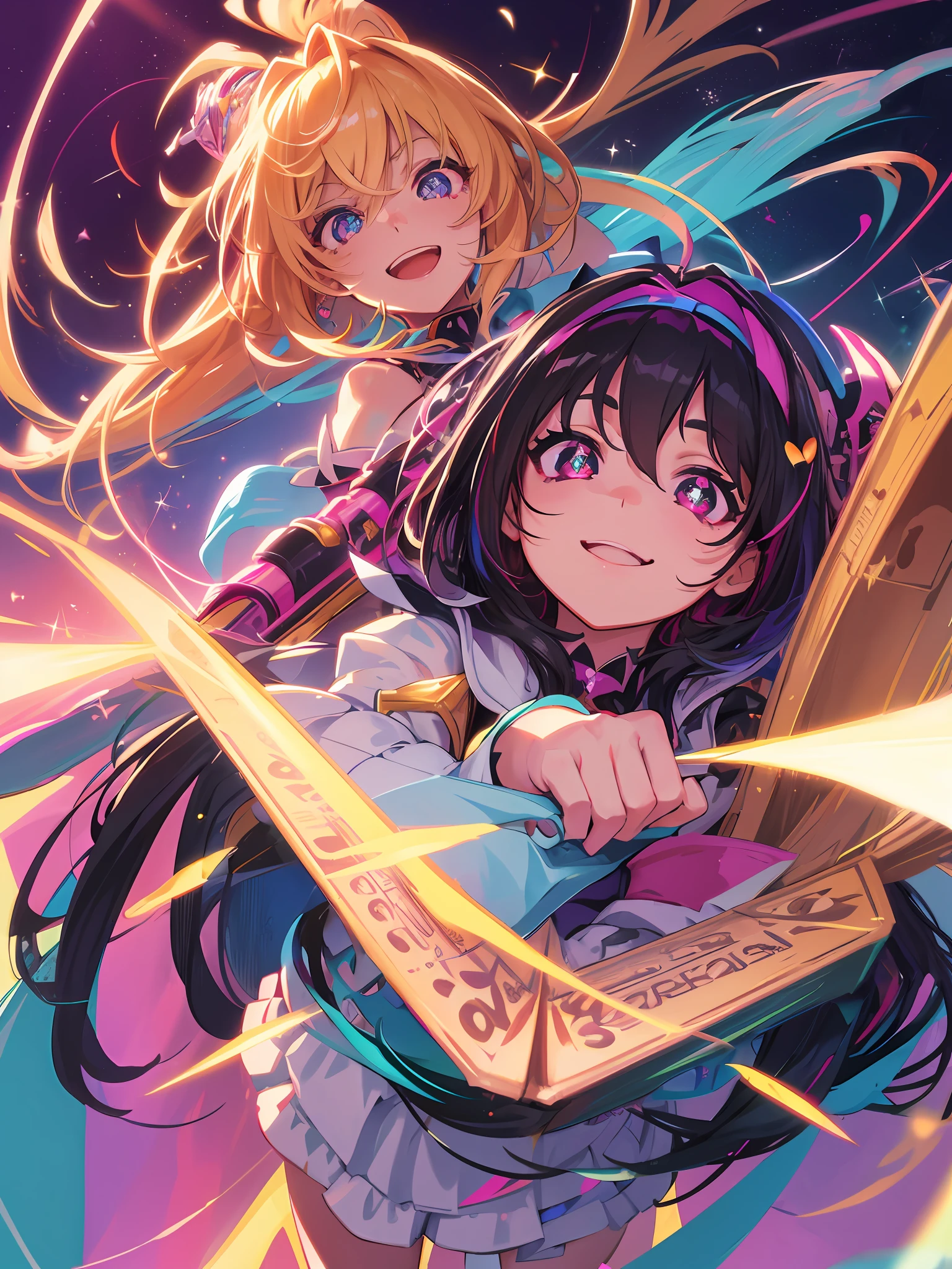 Dutch angle, Colorful, happy, asymmetrical hair, heart-shaped pupils, sparkling eyes, pupils sparkling, sparkle, bloom, diffraction spikes, 8k, super detail, ccurate, best quality, high quality, highres, high details, textured skin, anatomically correct, masterpiece