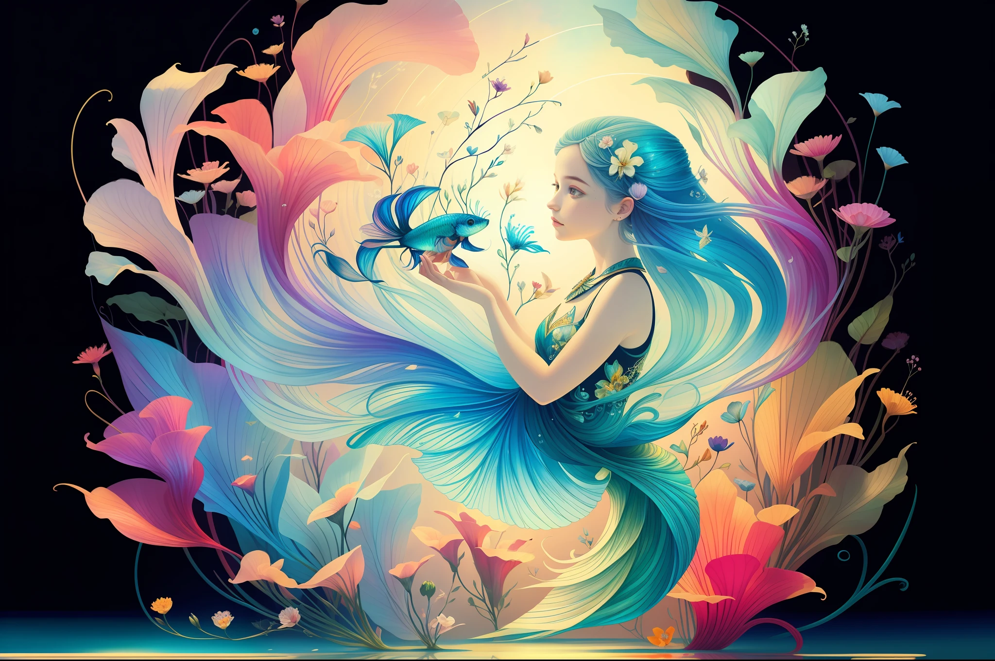 (Illustration:1.3) beautiful betta fish swimming with flowers (by Artist Anna Dittman:1), (((masterpiece))), (((best quality))), ((ultra-detailed)),(detailed light),((an extremely delicate and beautiful)),