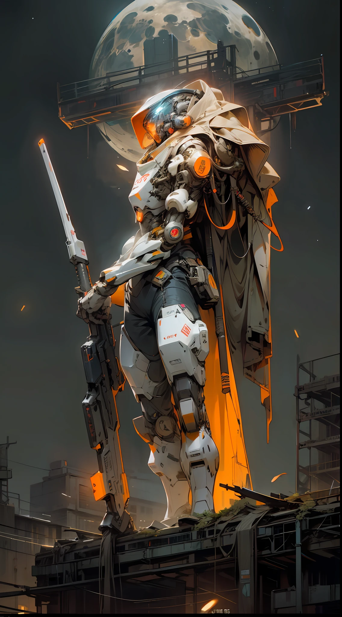 On the moon,barren planets, ruins, holding_weapon, no_humans, glowing, robot, building, glowing_eyes,orange mecha, science_fiction, city, realistic,mecha,Milky Way Galaxy background,neon,cyberpunk,