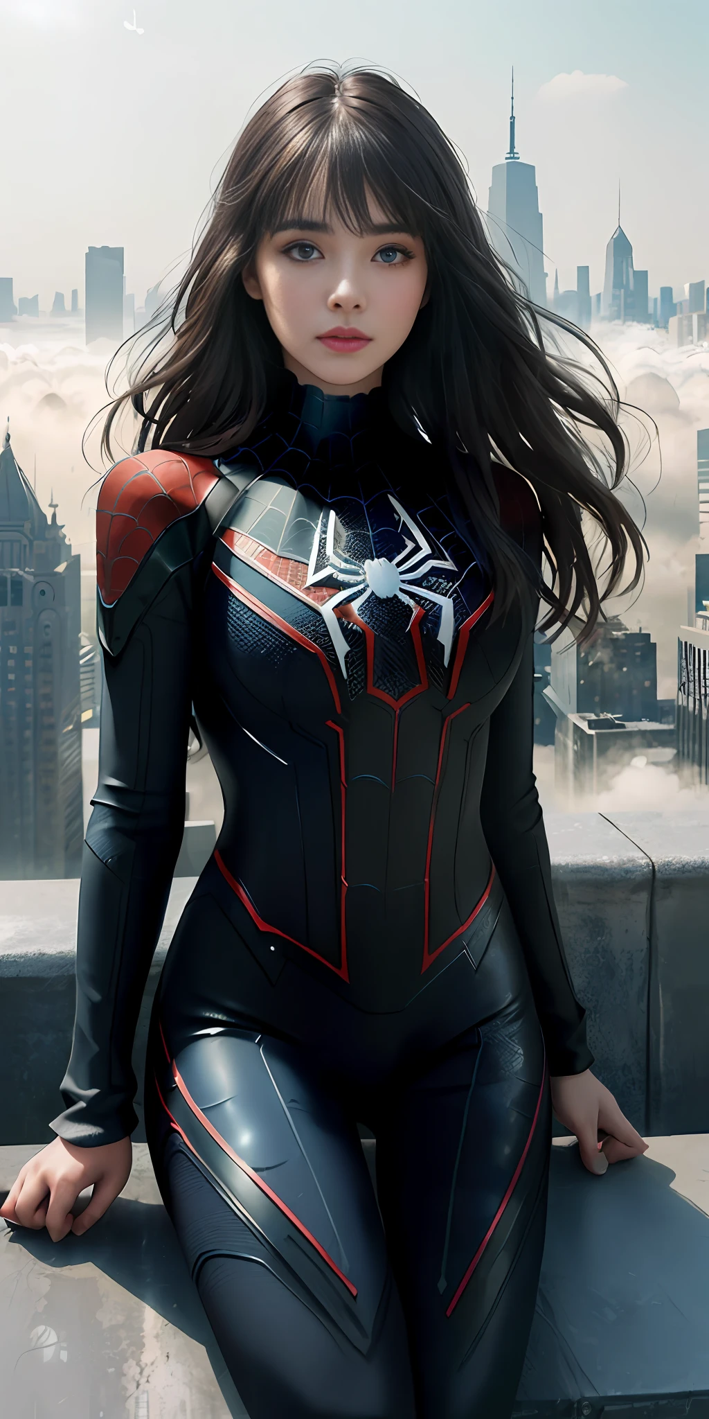 (1girl:1.3), Solo, (((Very detailed face)))), ((Very detailed eyes and face)))), Beautiful detail eyes, Body parts__, Official art, Unified 8k wallpaper, Super detailed, beautiful and beautiful, beautiful, masterpiece, best quality, original, masterpiece, super fine photo, best quality, super high resolution, realistic realism, sunlight, full body portrait, amazing beauty, dynamic pose, delicate face, vibrant eyes, (from the front), She is wearing a Spider-Man suit, black color scheme, spider, very detailed city roof background, rooftop, overlooking the city, detailed face, detailed complex busy background, messy, gorgeous, milky white, highly detailed skin, realistic skin details, visible pores, clear focus, volumetric fog, 8k uhd, digital SLR camera, high quality, film grain, fair skin, photo realism, lomography, futuristic dystopian megalopolis, translucent,