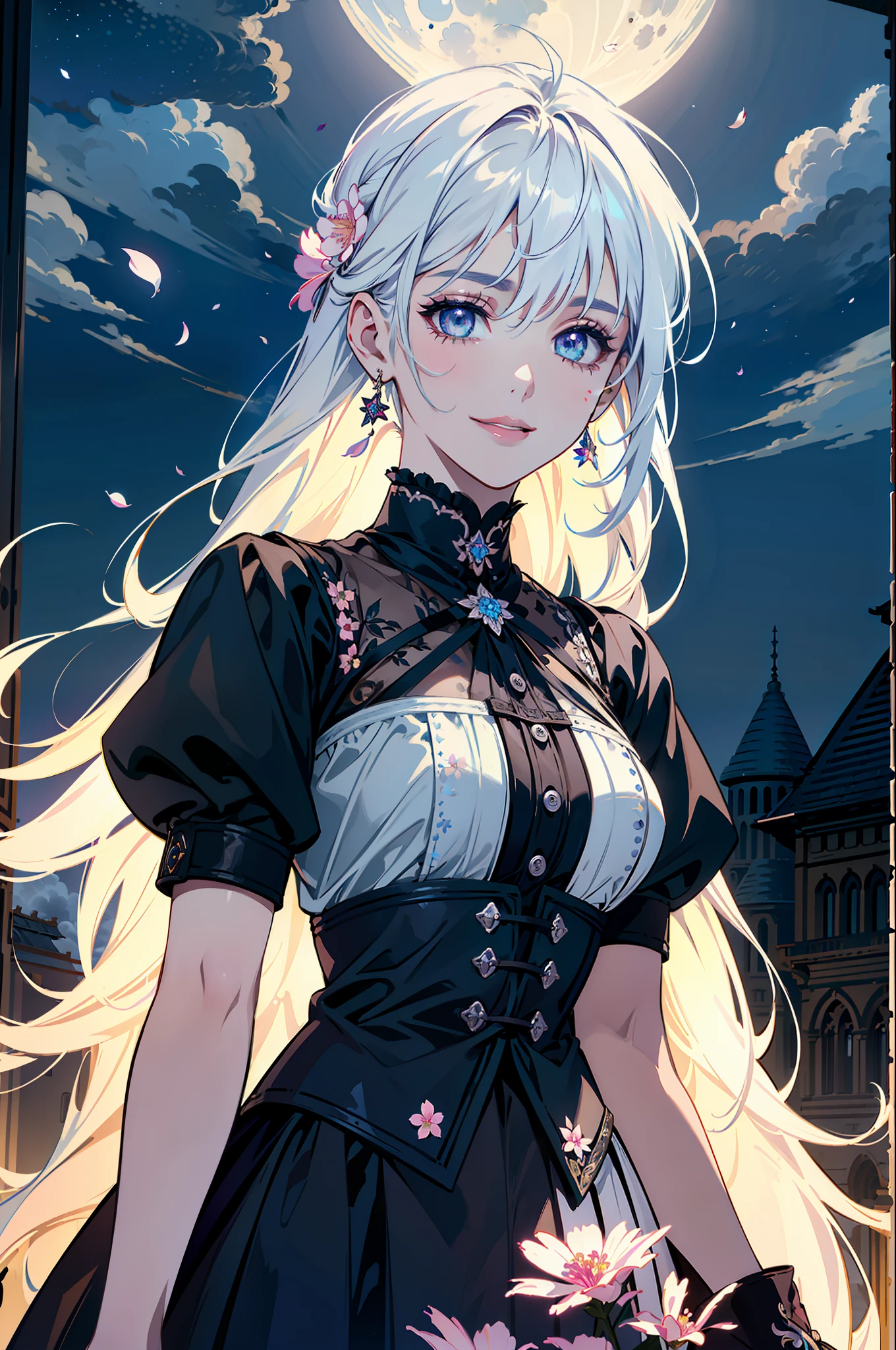 masterpiece, best quality,
1girl, (colorful),(finely detailed beautiful eyes and detailed face),cinematic lighting,bust shot,extremely detailed CG unity 8k wallpaper,white hair,solo,smile,intricate skirt,((flying petal)),(Flowery meadow)
sky, cloudy_sky, building, moonlight, moon, night, (dark theme:1.3), light, fantasy,