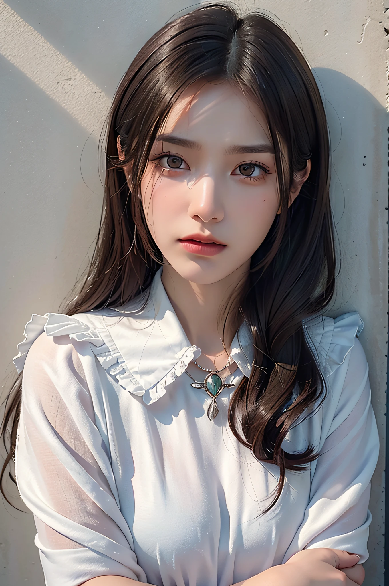 Best Quality, Masterpiece, Ultra High Resolution, (Realistic: 1.4), Original Photo, (True Skin Texture: 1.3), (Film Grain: 1.3), Panorama, Portrait, Very Wide Lens, Narrow Waist, Denim Lens, (In the Dark, Deep Shadows, Low Profile, Cold Light,) Night, Close-up, Tears,
indoors, dust, tyndall effect, sadness, disappointment, gloom (expression), sitting, (against the wall), crying, frowning, (looking down), nervousness, tears, loneliness,
1 girl, beautiful detail eyes and face, white jabot, pink dark V, brown eyes,