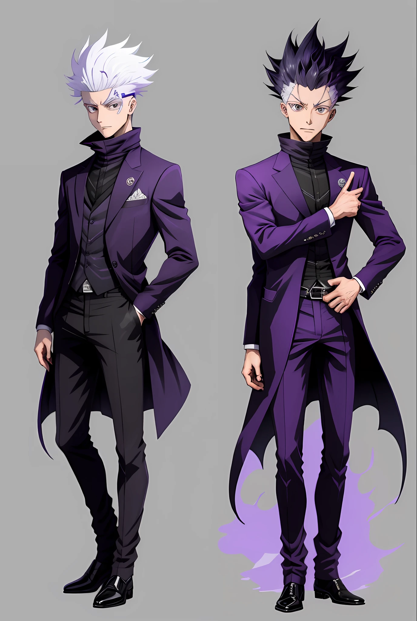 a man in a dark purple suit and black shoes is making a peace sign, !!full body portrait!!, single character full body, full_body!!, demon slayer artstyle, kimetsu no yaiba, bleach manga style, inspired by Kusumi Morikage,demon slayer artstyle!!!