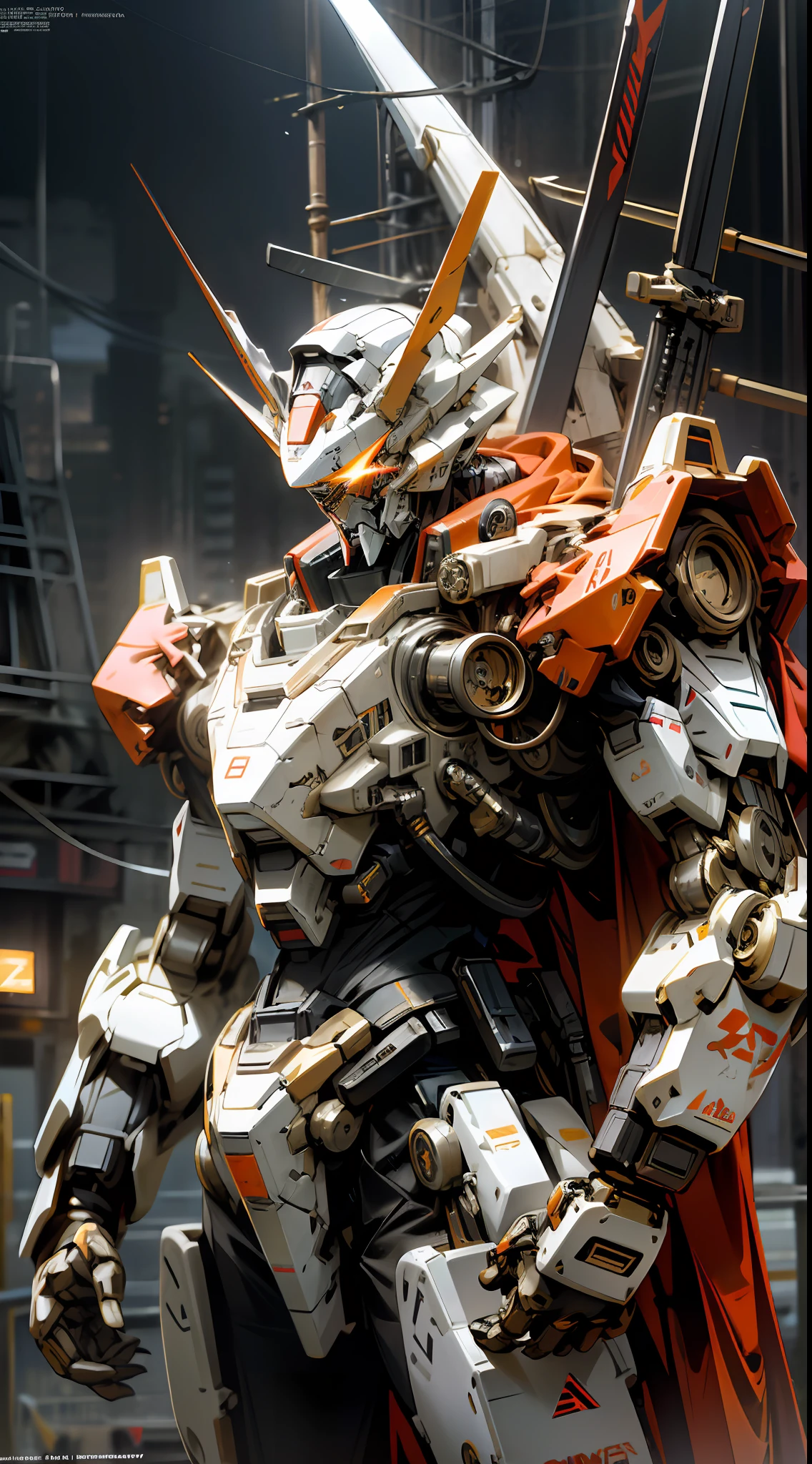 Gundam Mecha, Orange Rune Surrounds, Orange Rune Floats, Orange and White Intersect, Dark_Fantasy, Cyberpunk, (Best Quality, Masterpiece), On the Moon, 1 Man, Mechanical Marvel, Robot Presence, Cybernetics Guardian, City, Highest Quality, Stunning Art, Wallpaper 4k, Highly Detailed, Military Robot, Army, Warzone, , Highest Quality Digital Art, Wallpaper 4K, 8K, 64K, HD, Unbeatable Masterpiece, Dynamic Lighting, Movie, Epic, Damaged mechanical parts, golden eyes, hand-held weapons, head surrounded by halos,