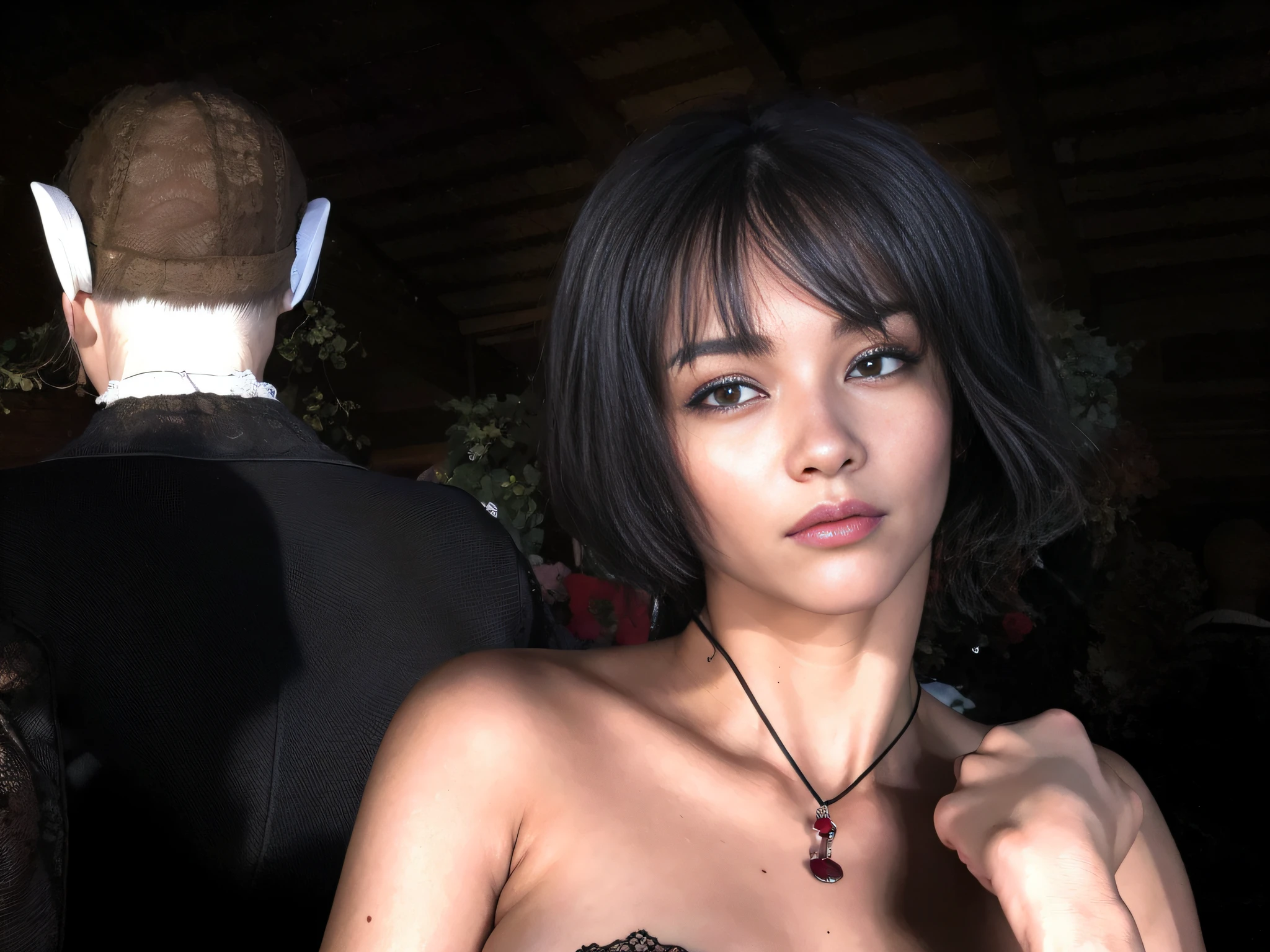 (masterpiece, top quality, 20-year-old girl, solo, intricate detail, chromatic aberration), lifelike, (hazel eye: 1.2), (random look), (big eyes), (Lora: MusenaturalFaceV1_V 1:0.2), pureerosface_v1, (anxious face: 1), lace, black glowing dress, big breasts, hateful face,