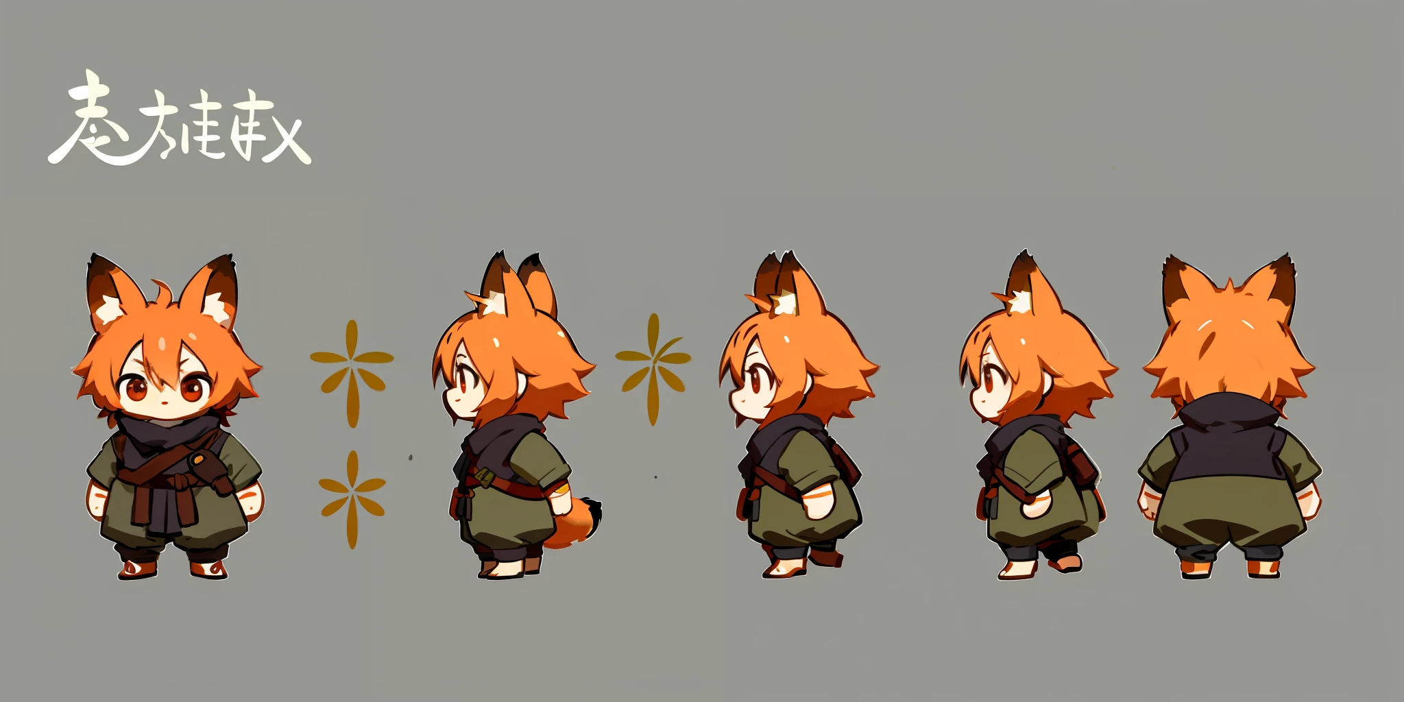 1 extremely tiny chibi animal cartoon fox turnaround sprite sheet called Koki, big head, very small body, medieval fantasy soldier, non-human, same character in front side and back views