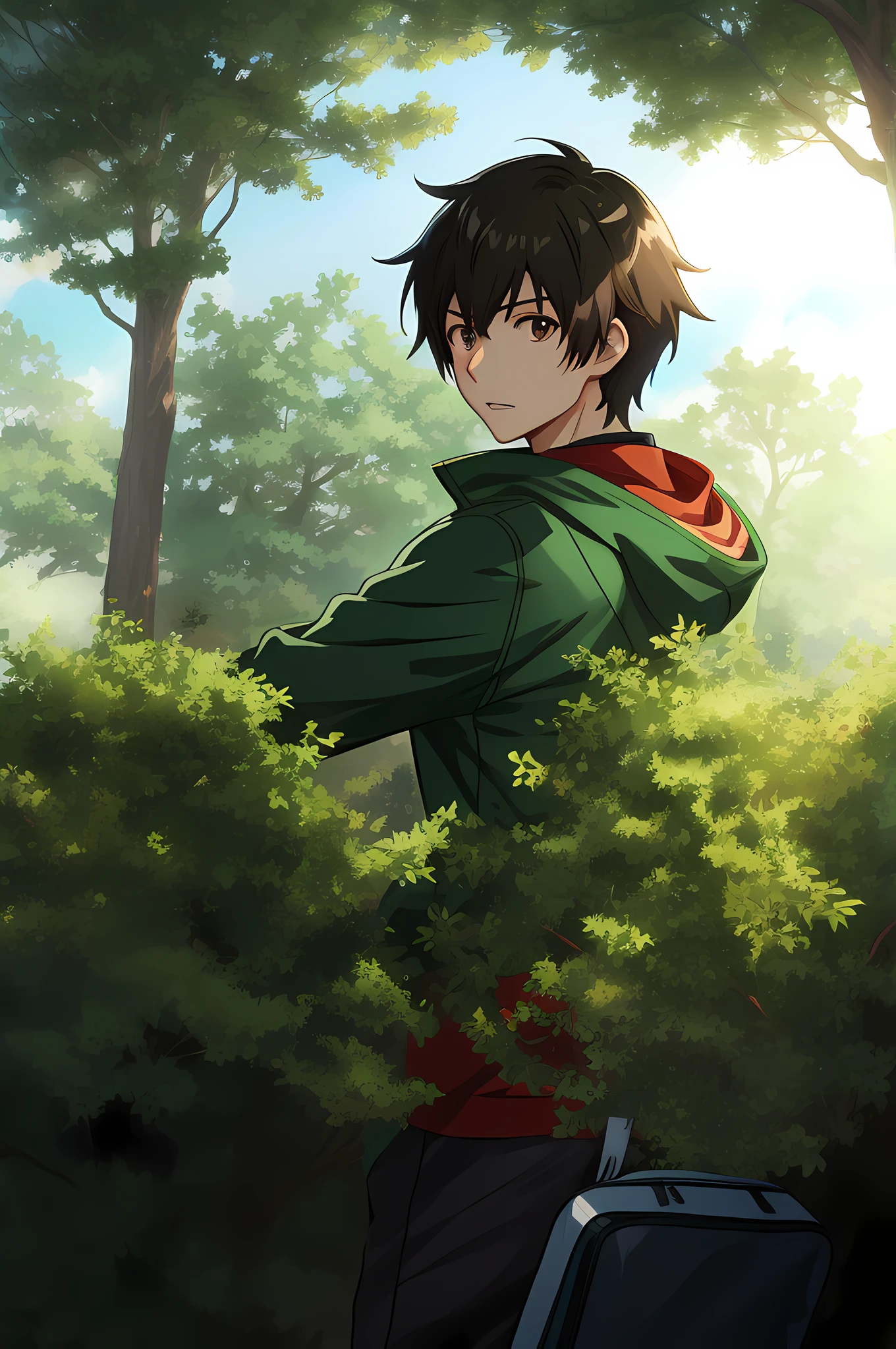 anime character walking in a forest, [(white background: 1.5),::5],high quality anime art, big white hooded coat, red t-shirt, running, 1boy, solo, expression of despair, young anime man, makoto shinkai (apex legends), moe artstyle anime, detailed digital anime art, guweiz style art, digital anime illustration, kawacy,  makoto shinkai art style, makoto shinkai style, official art, cute anime pose